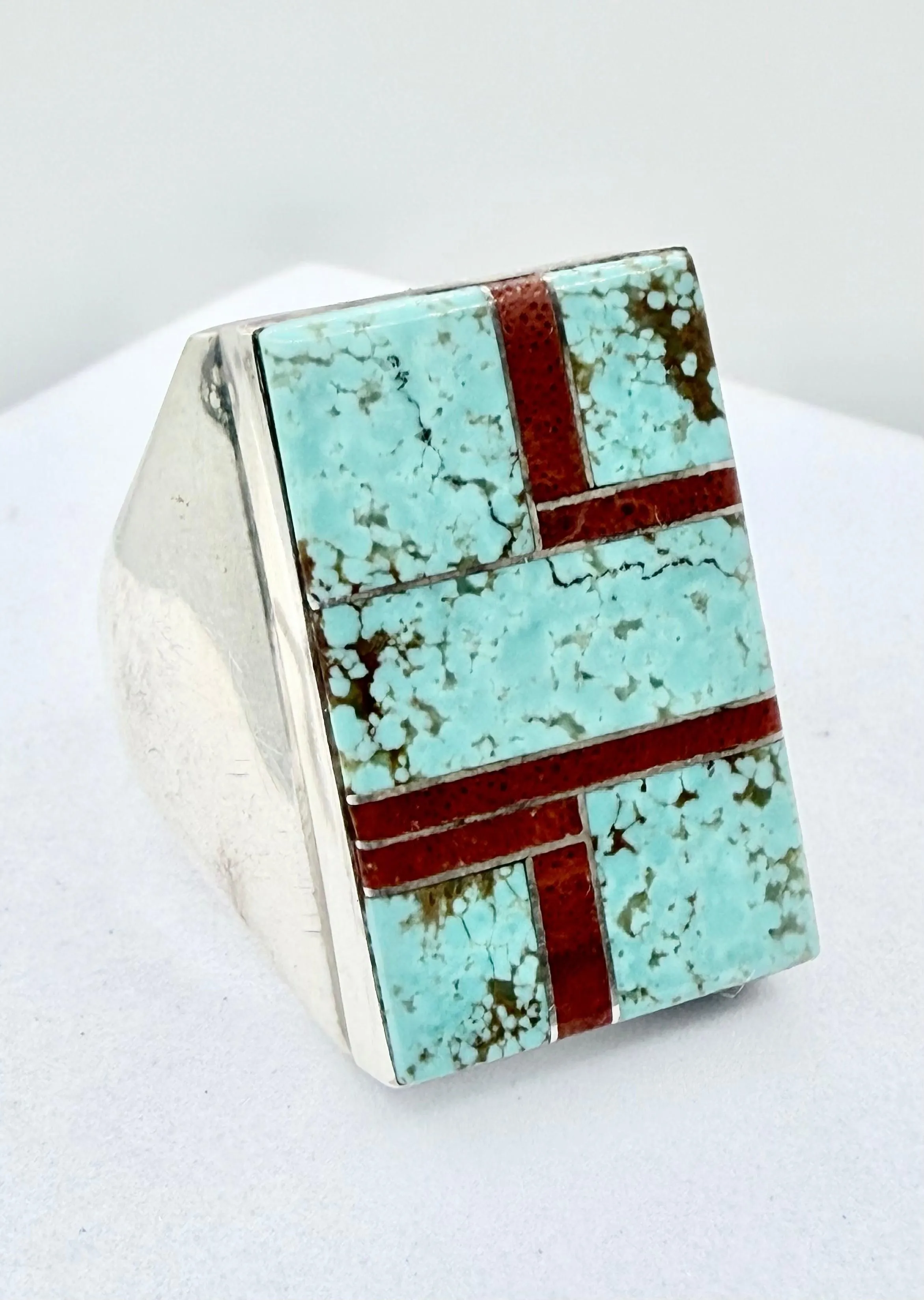 WILBERT GREY NATIVE HANDMADE MINE 8 & CORAL RING SIZE 13 (PN 23)