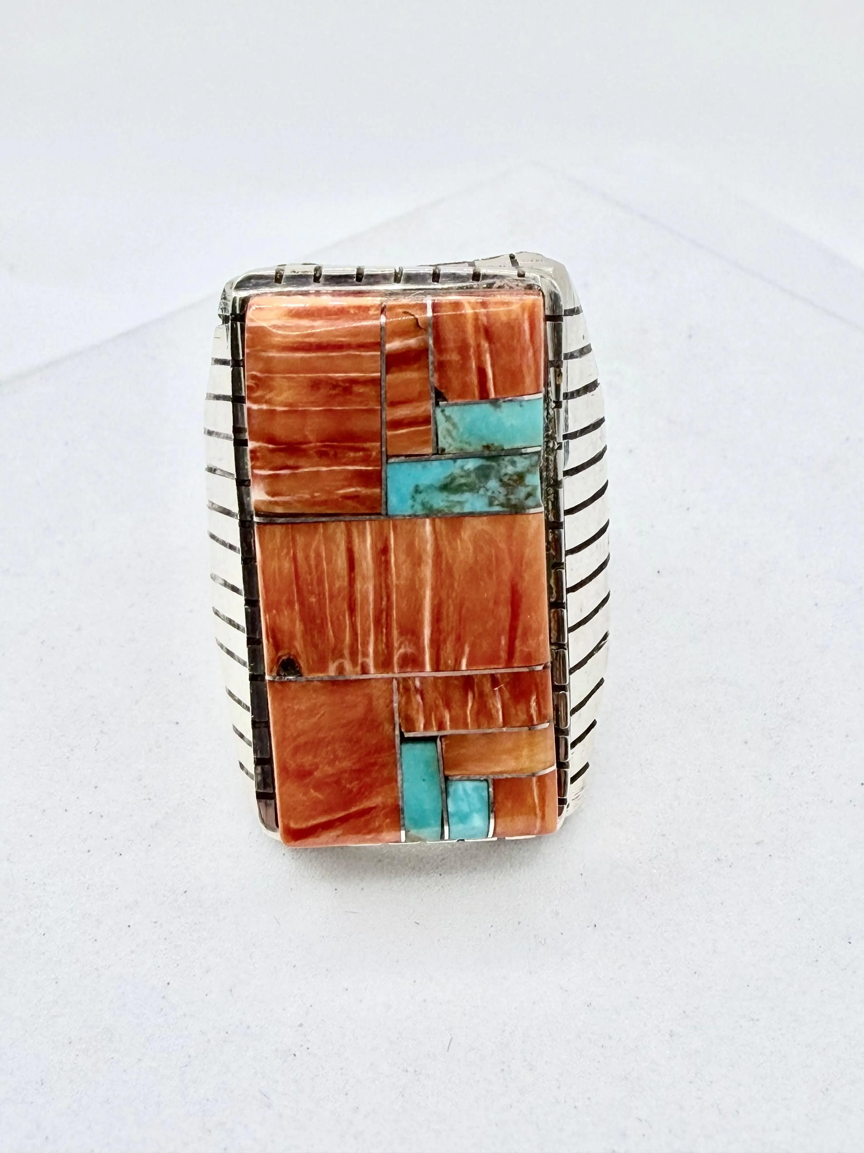 NATIVE HANDMADE ORANGE SPINY OYSTER & KINGMAN TURQUOISE RING SIZE 13 (PN 25)
