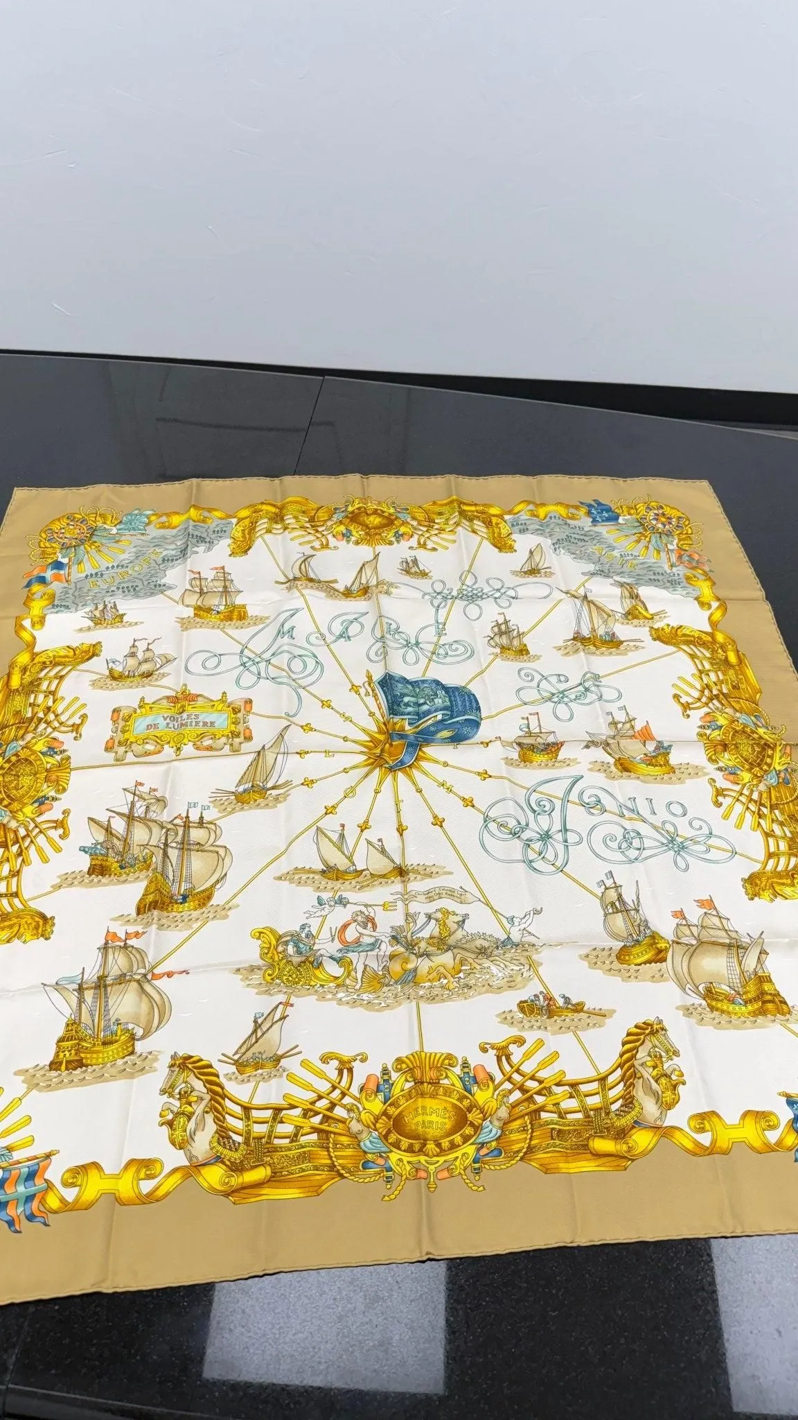Hermes Vintage Golden Voiles De Lumiere Silk Scarf