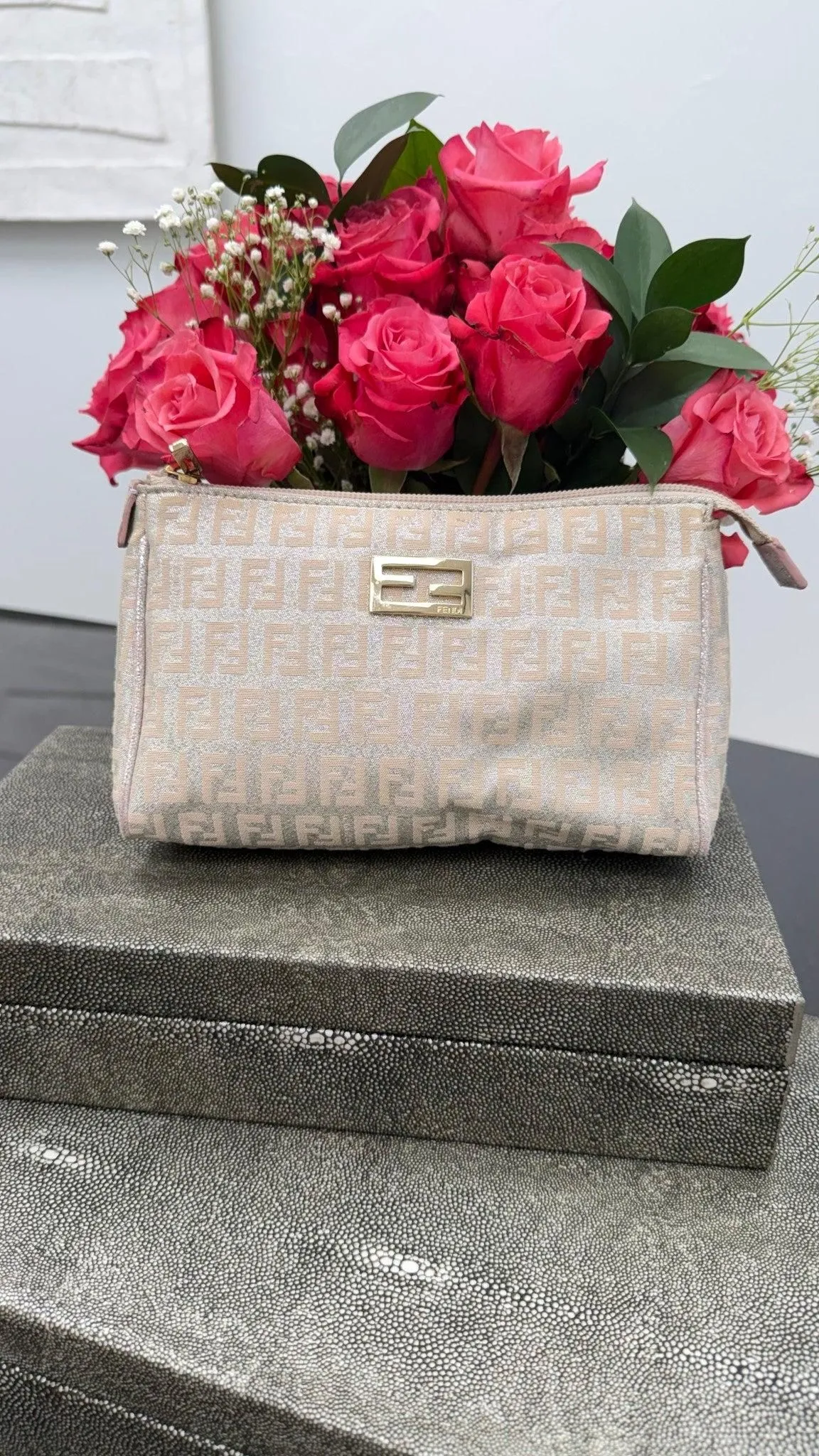 Fendi Metallic Silver & Dusty Pink Zucca Canvas Pouch