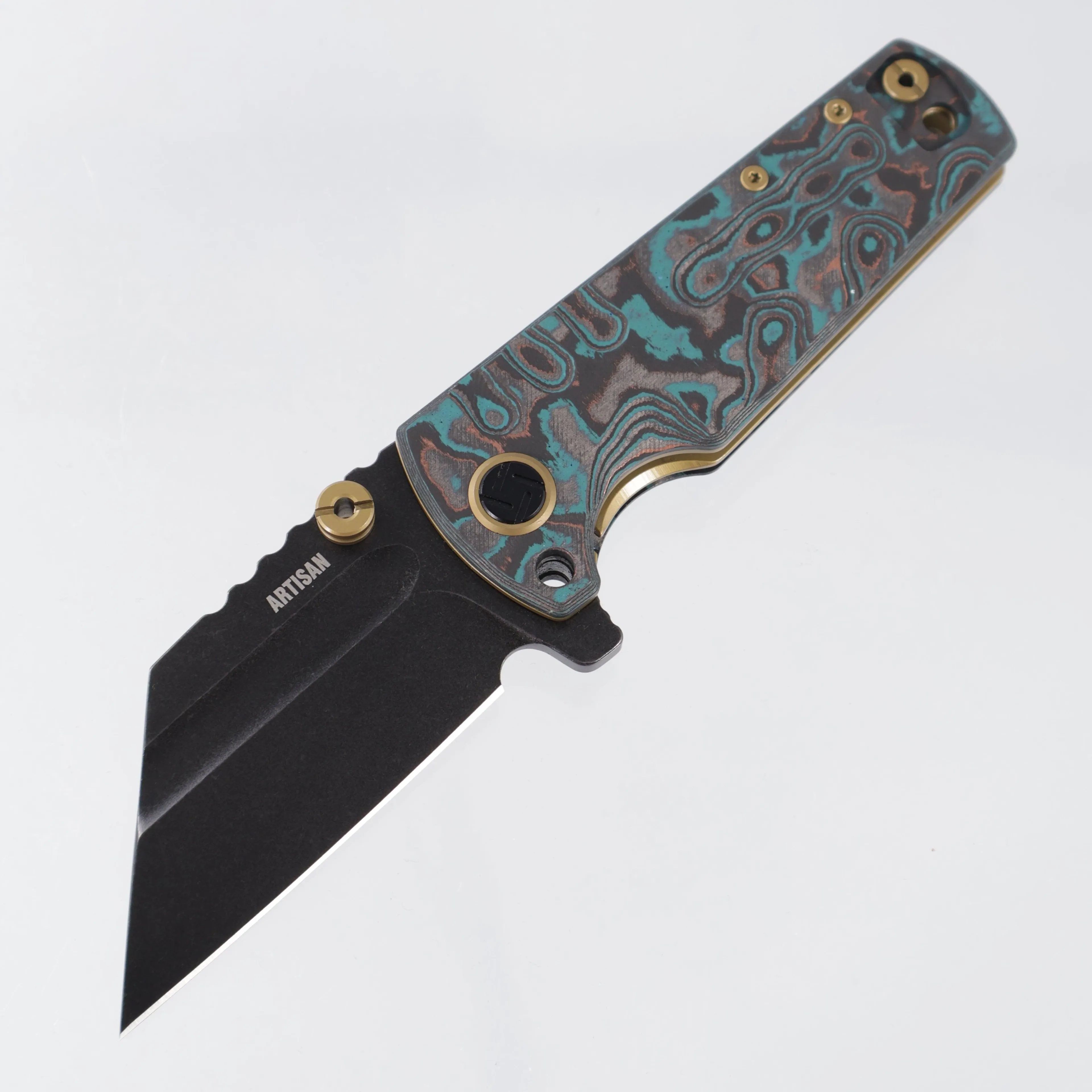Artisan Cutlery Mini Proponent - Shipwreck Camo Carbon w/ Gold Accents - Black Stonewash S35VN - 1820S-CC - BROP Exclusive