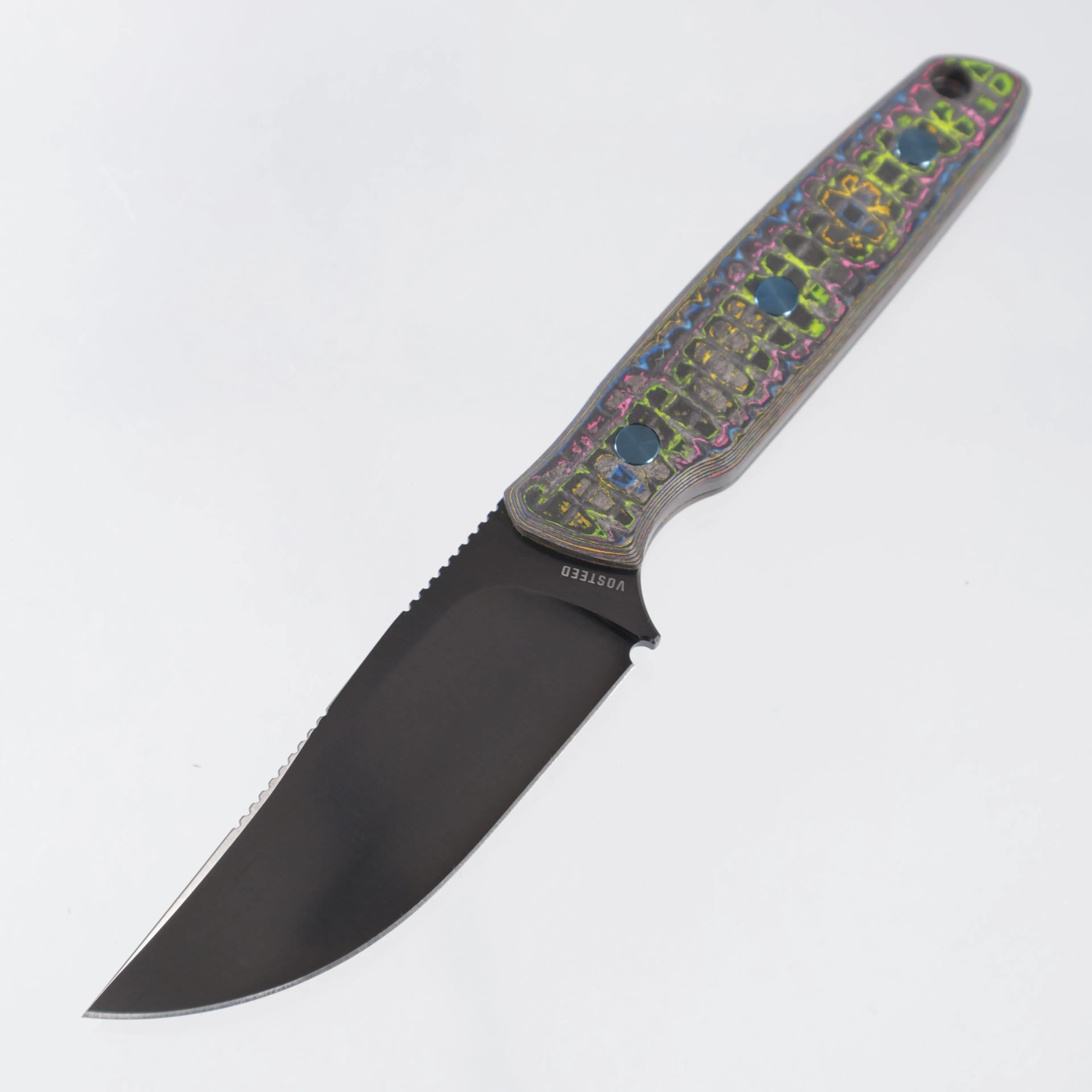 Vosteed Mink Fixed Blade - Frag 80s Camo Carbon w/ Blue Hardware - DLC AEB-L - D0112 - BROP Exclusive