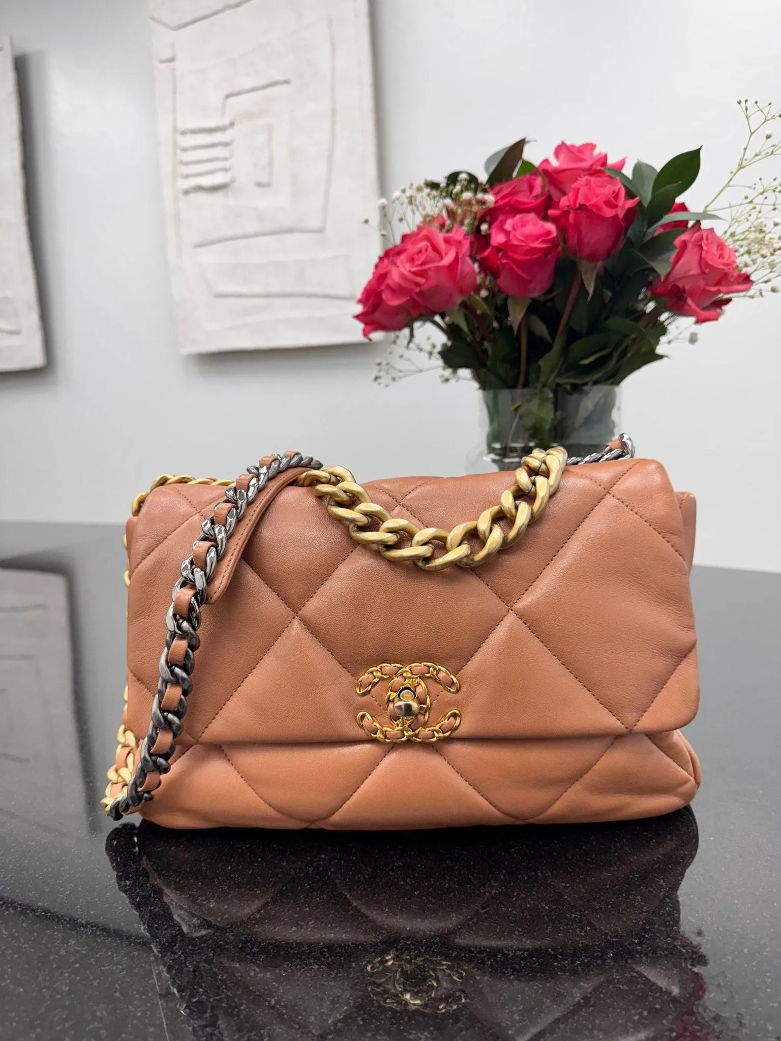 Chanel Camel Quilted Lambskin Chanel 19 Medium Flap Bag