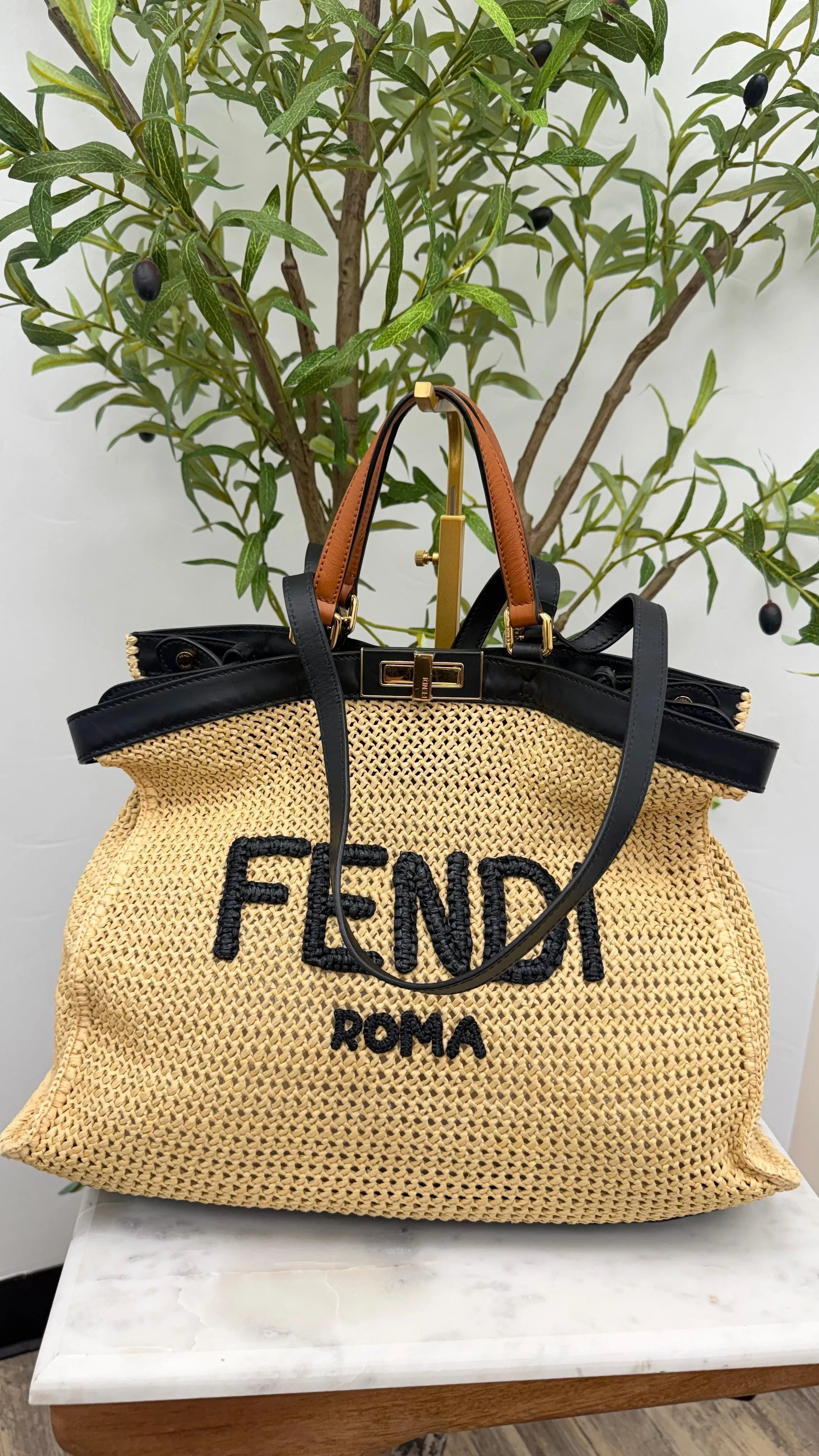 Fendi Natural Woven Raffia Peekaboo Medium X-Tote Bag