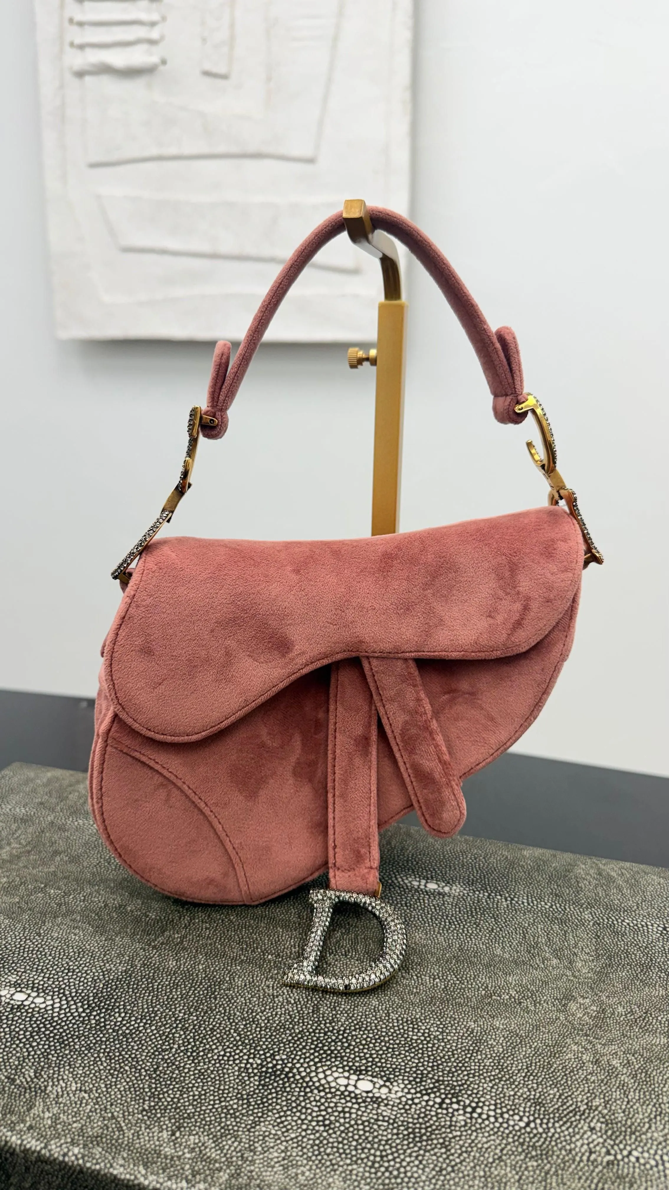 Christian Dior Pink Velvet Crystal Mini Saddle Handbag