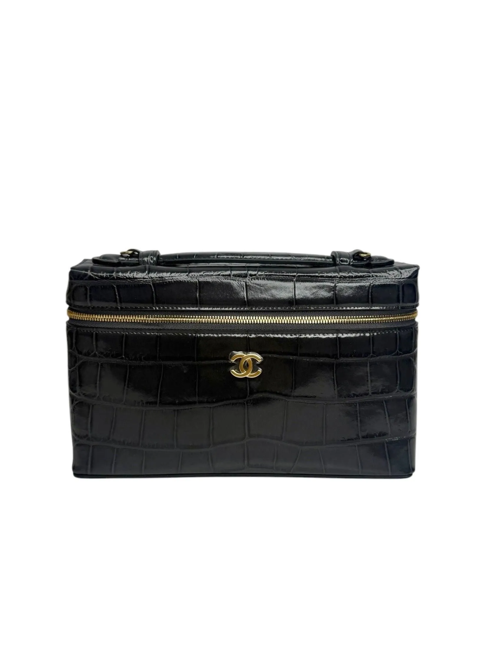 Chanel Dark Grey Croc Embossed Large Slim Vanity T8711