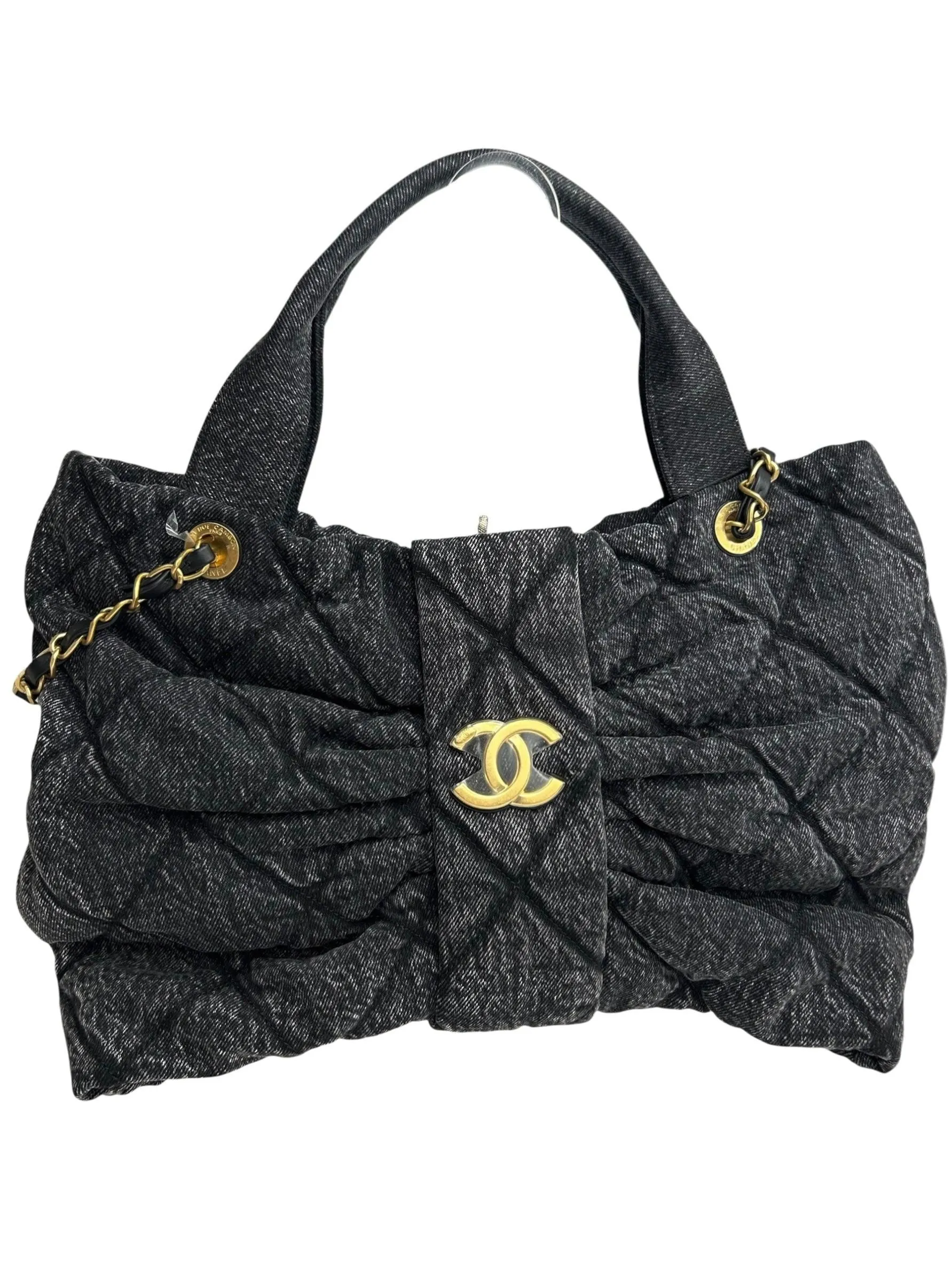 Chanel Maxi Black Denim Bow Bag T8729