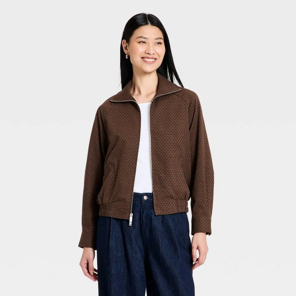 New without Tags - Size: Small - Women's Mock-Neck Full Zip Bomber Jacket - A New Day Brown Dot