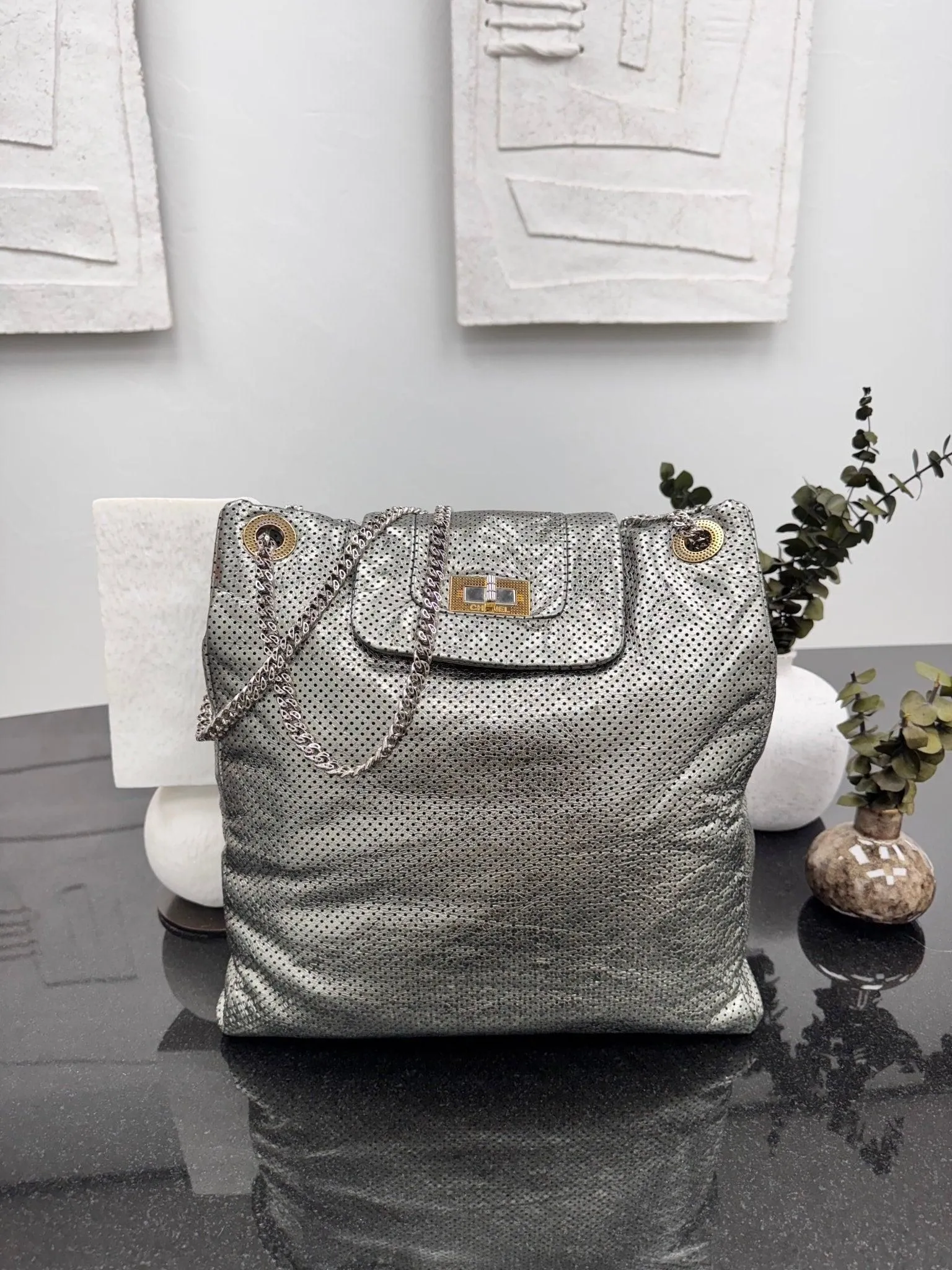 Chanel Metallic Silver Perforated Crackled Calfskin Large Drill Tote Bag