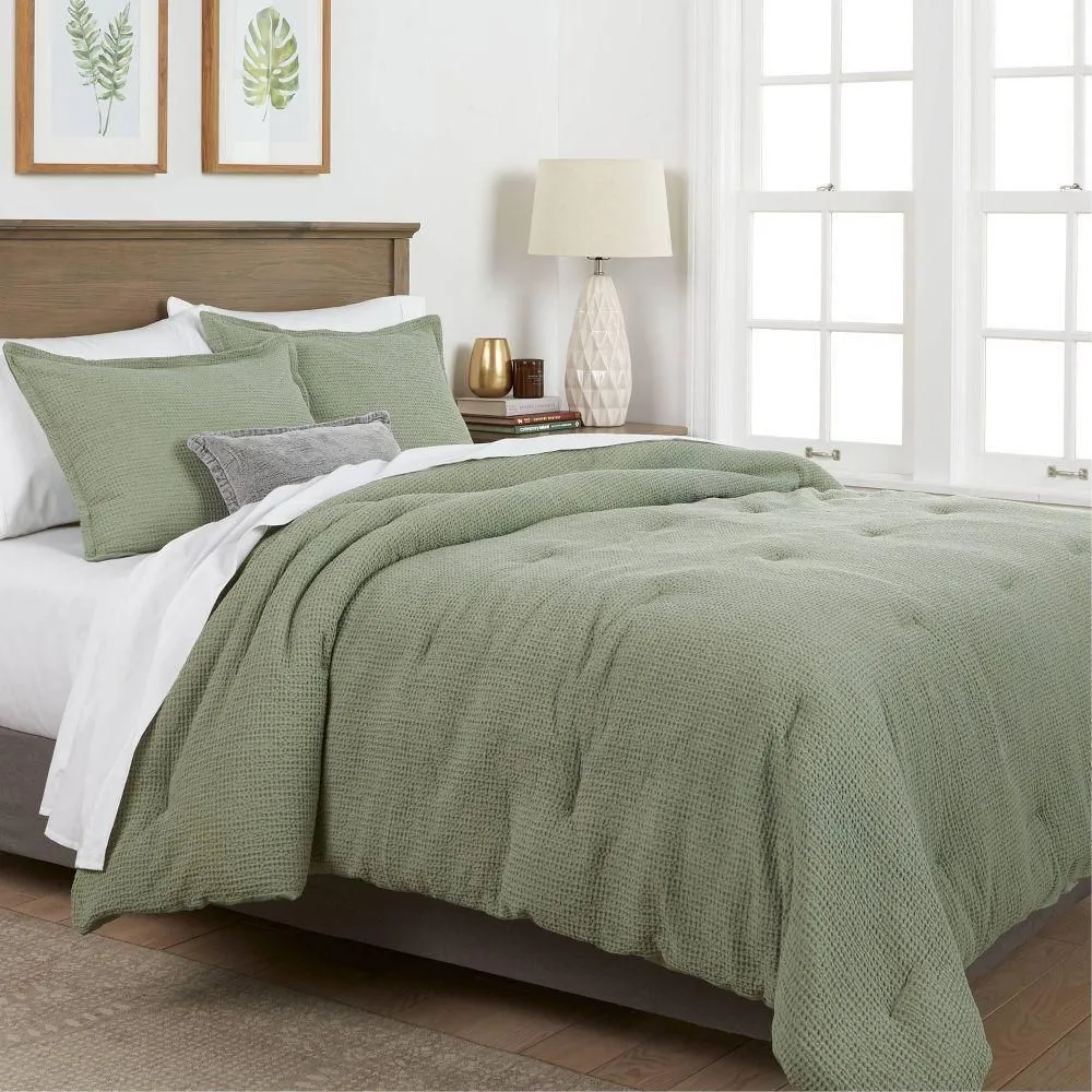 New without box - King Washed Waffle Weave Comforter and Sham Set Sage Green - Threshold: