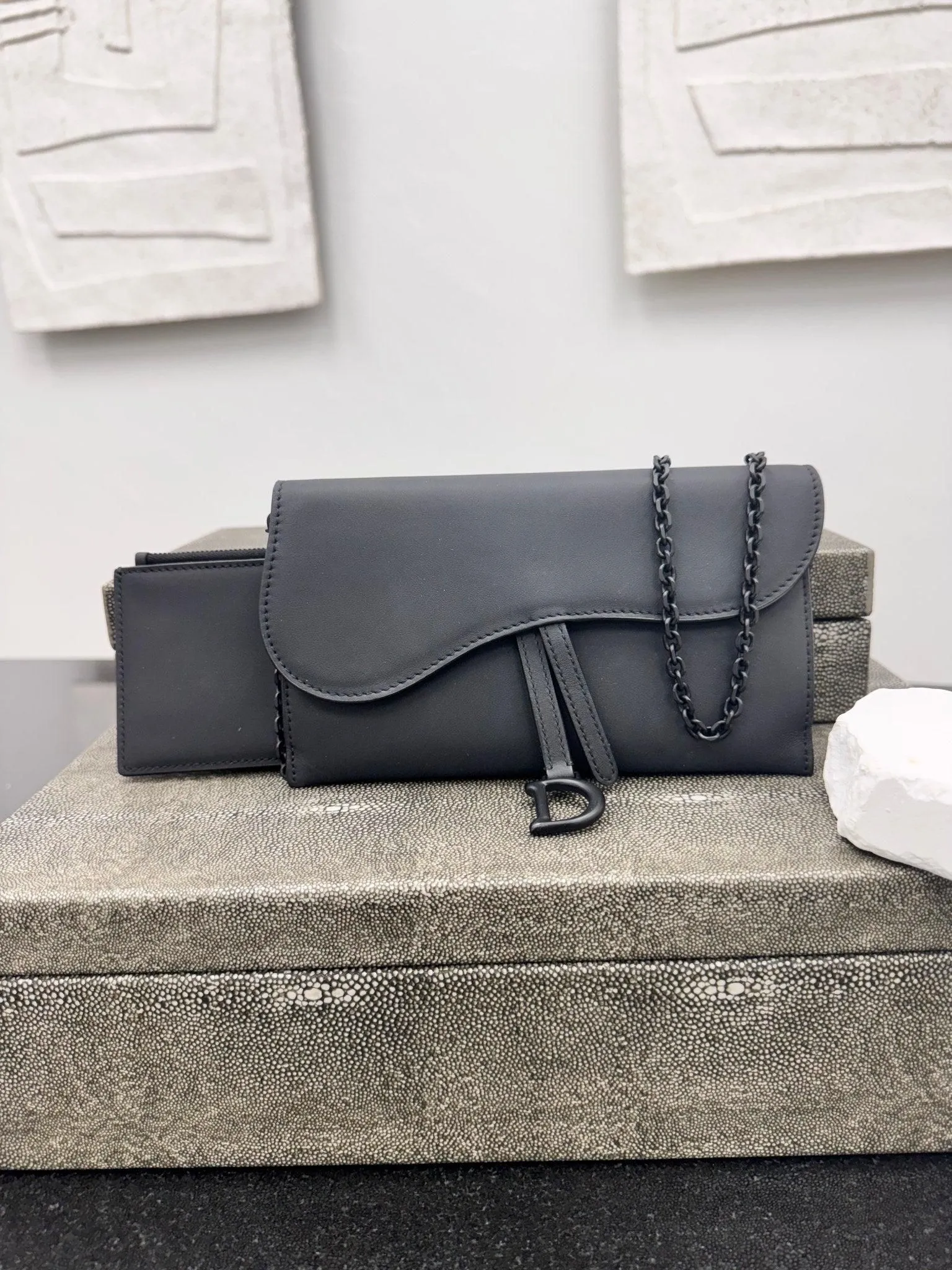 Christian Dior Black Ultra Matte Calfskin Long Saddle Wallet On A Chain