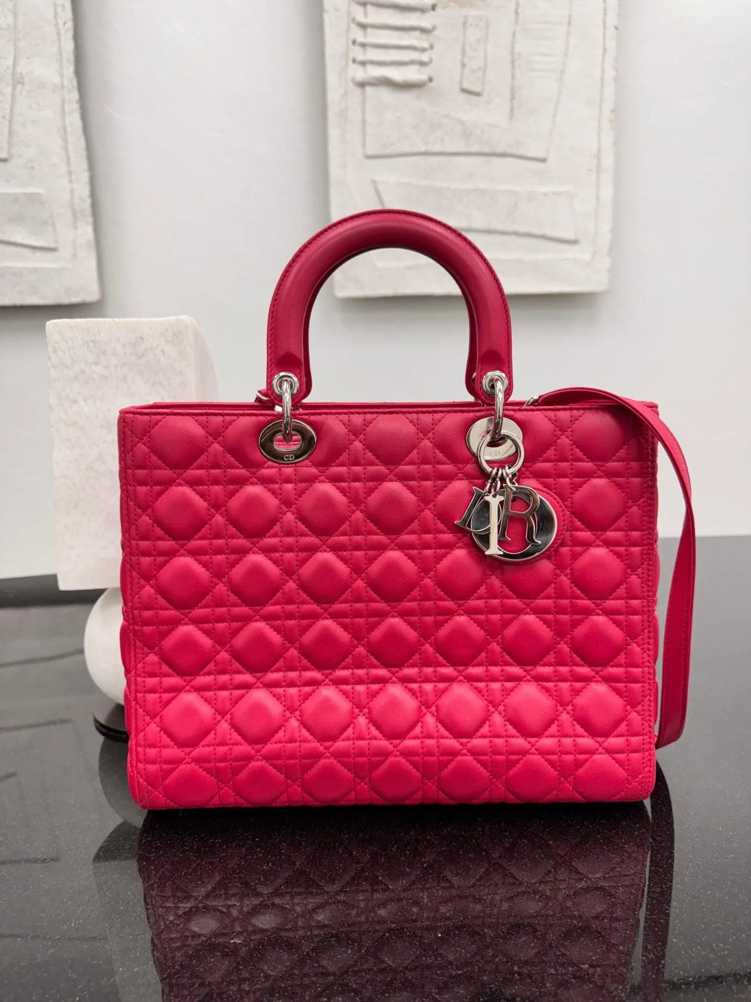Christian Dior Dark Pink Quilted Lambskin Large Lady Dior Bag