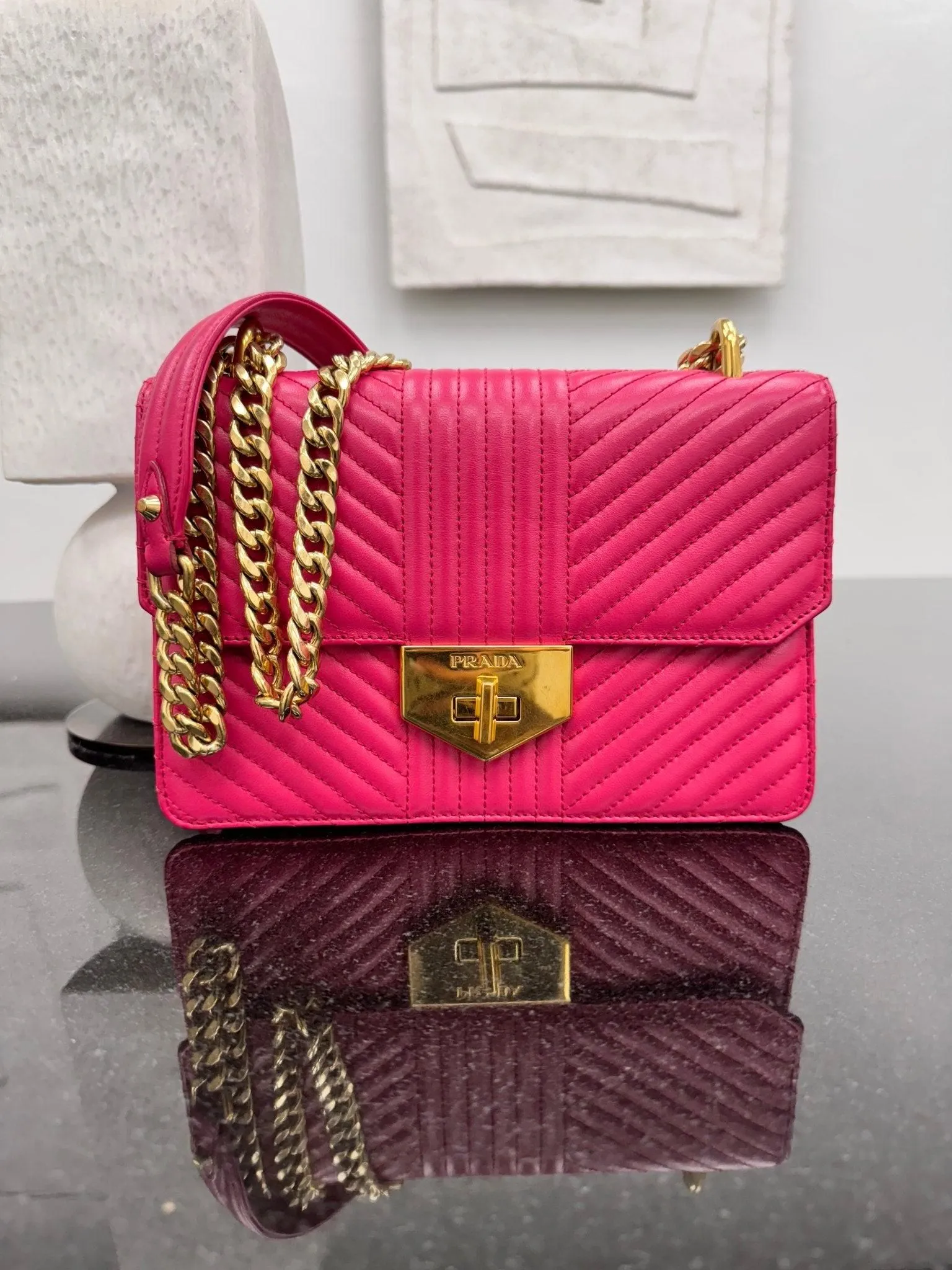 Prada Pink Chevron Quilted Calfskin Turn Lock Flap Bag