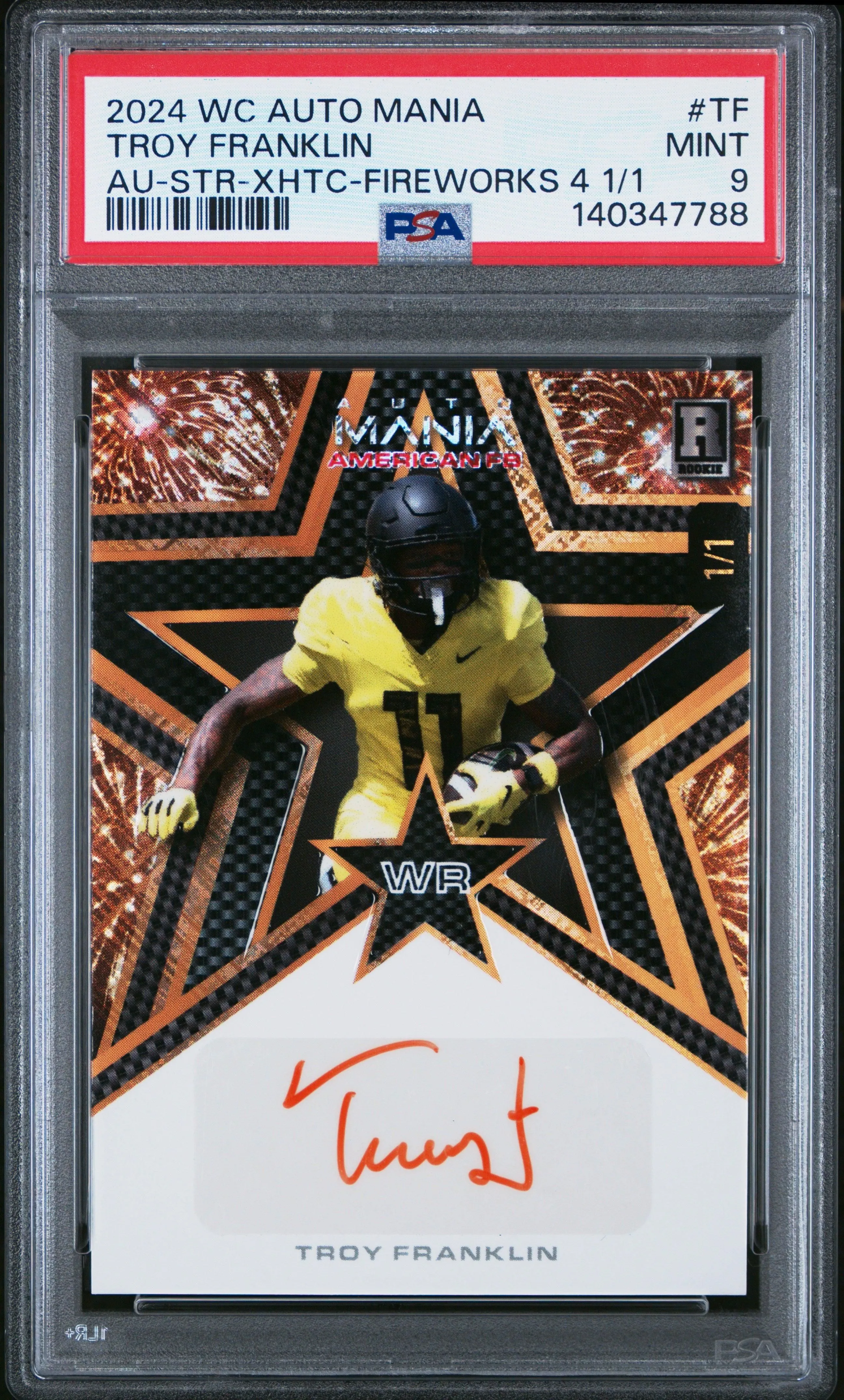2024 Wild Card Auto Mania Autographs Fireworks 4 1/1 Troy Franklin 9 PSA