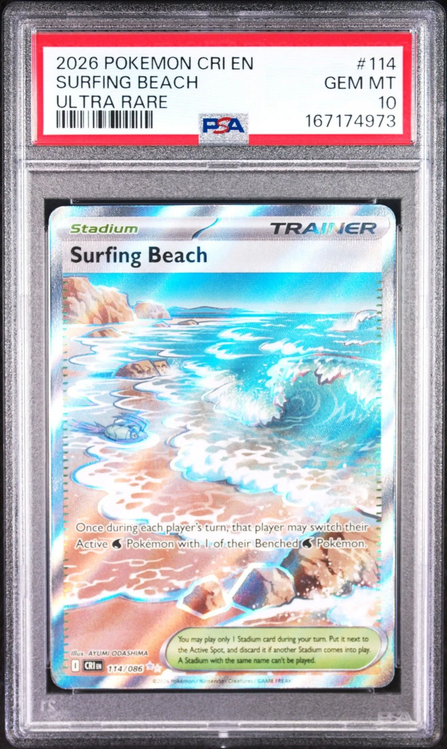 2026 Pokemon Cri En-Chaos Rising Ultra Rare Surfing Beach 10 PSA #114