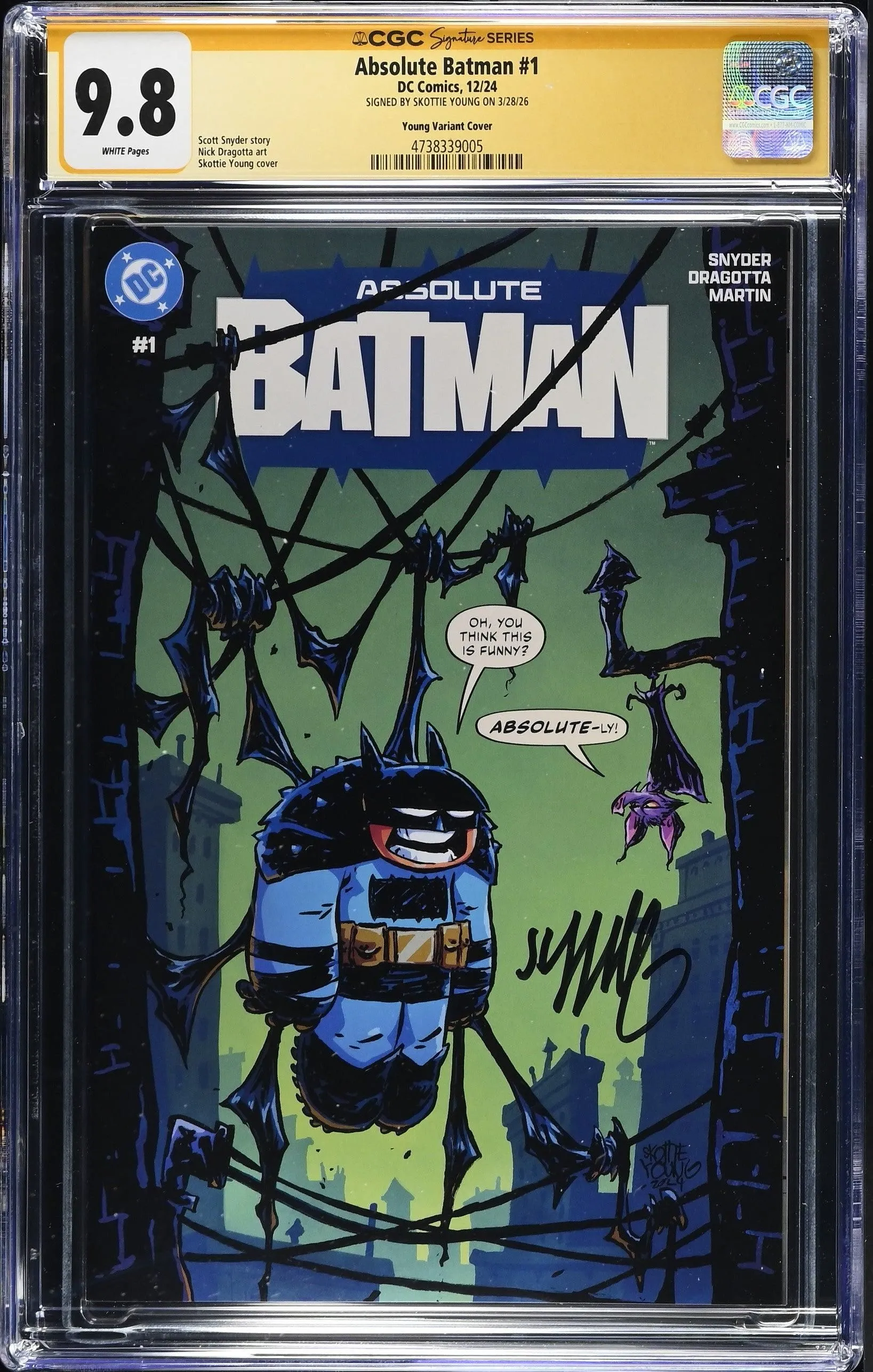 ABSOLUTE BATMAN #1 FIRST PRNTING SKOTTIE YOUNG VARIANT SIGNED BY SKOTTIE YOUNG CGC SS 9.8 WP NM/M