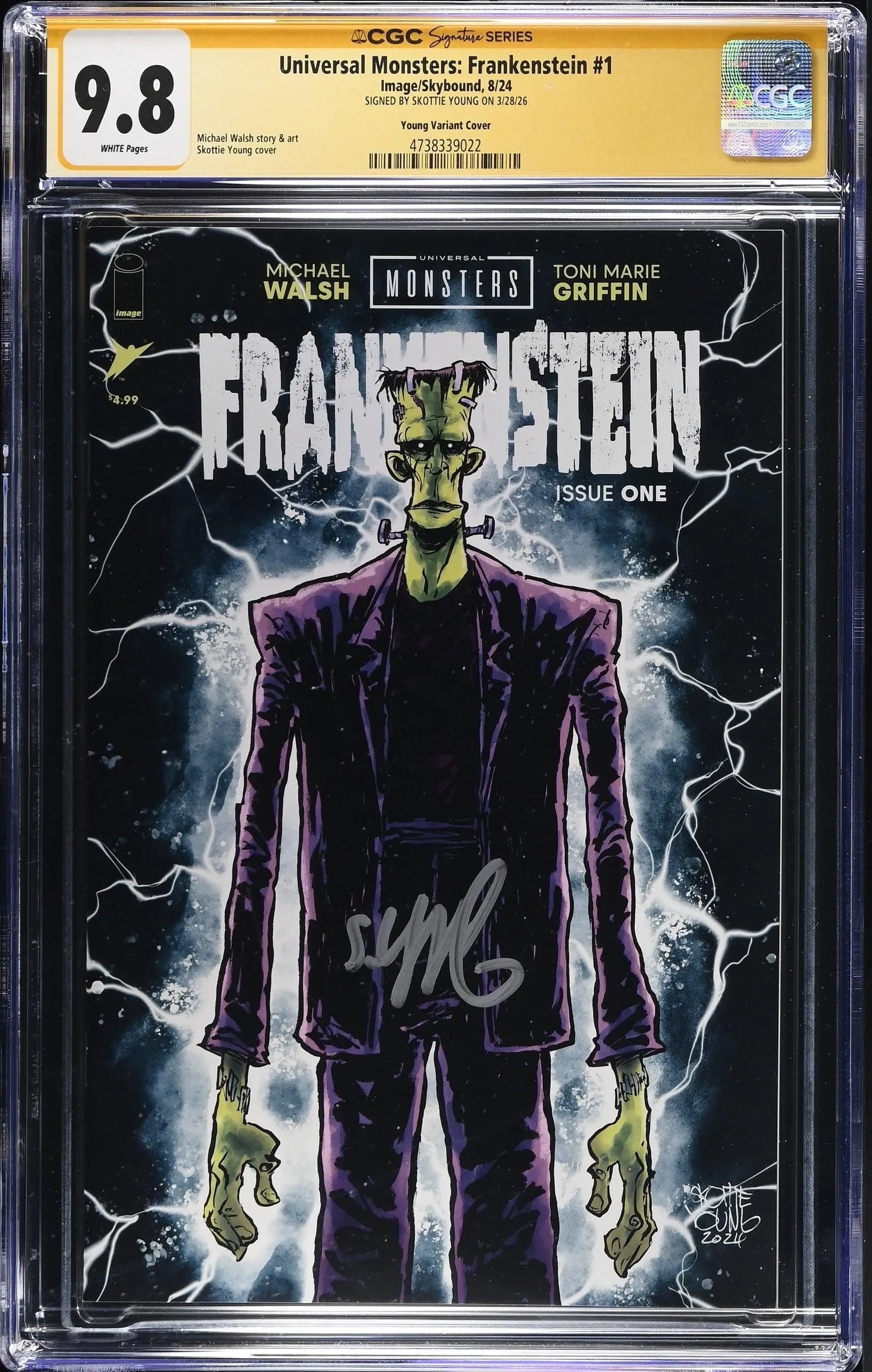 UNIVERSAL MONSTERS FRANKENSTEIN #1 SKOTTIE YOUNG VARIANT SIGNED BY SKOTTIE YOUNG CGC SS 9.8 WP NM/M