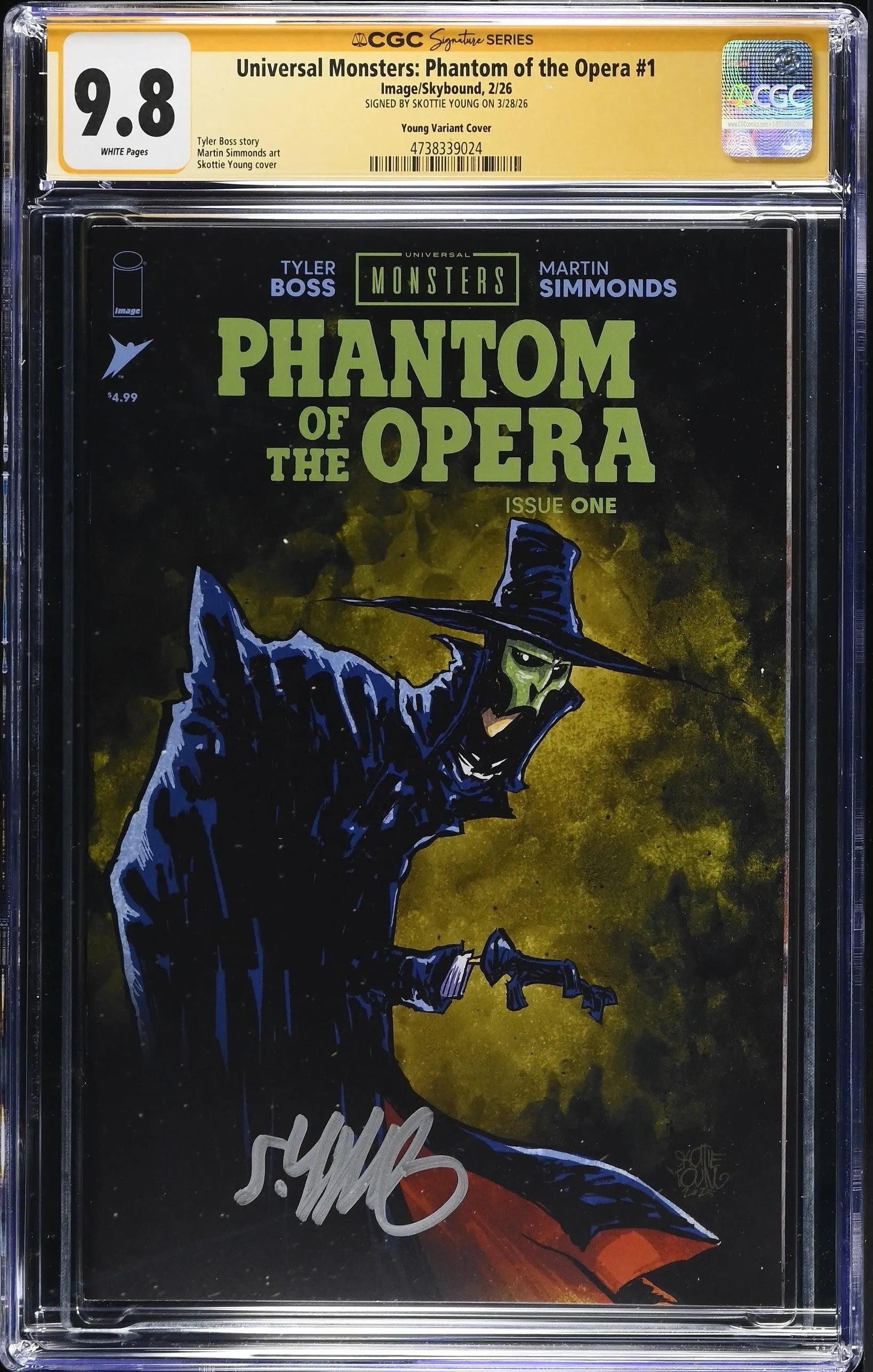 UNIVERSAL MONSTERS PHANTOM OF THE OPERA #1 SKOTTIE YOUNG VARIANT SIGNED BY SKOTTIE YOUNG CGC SS 9.8 WP NM/M