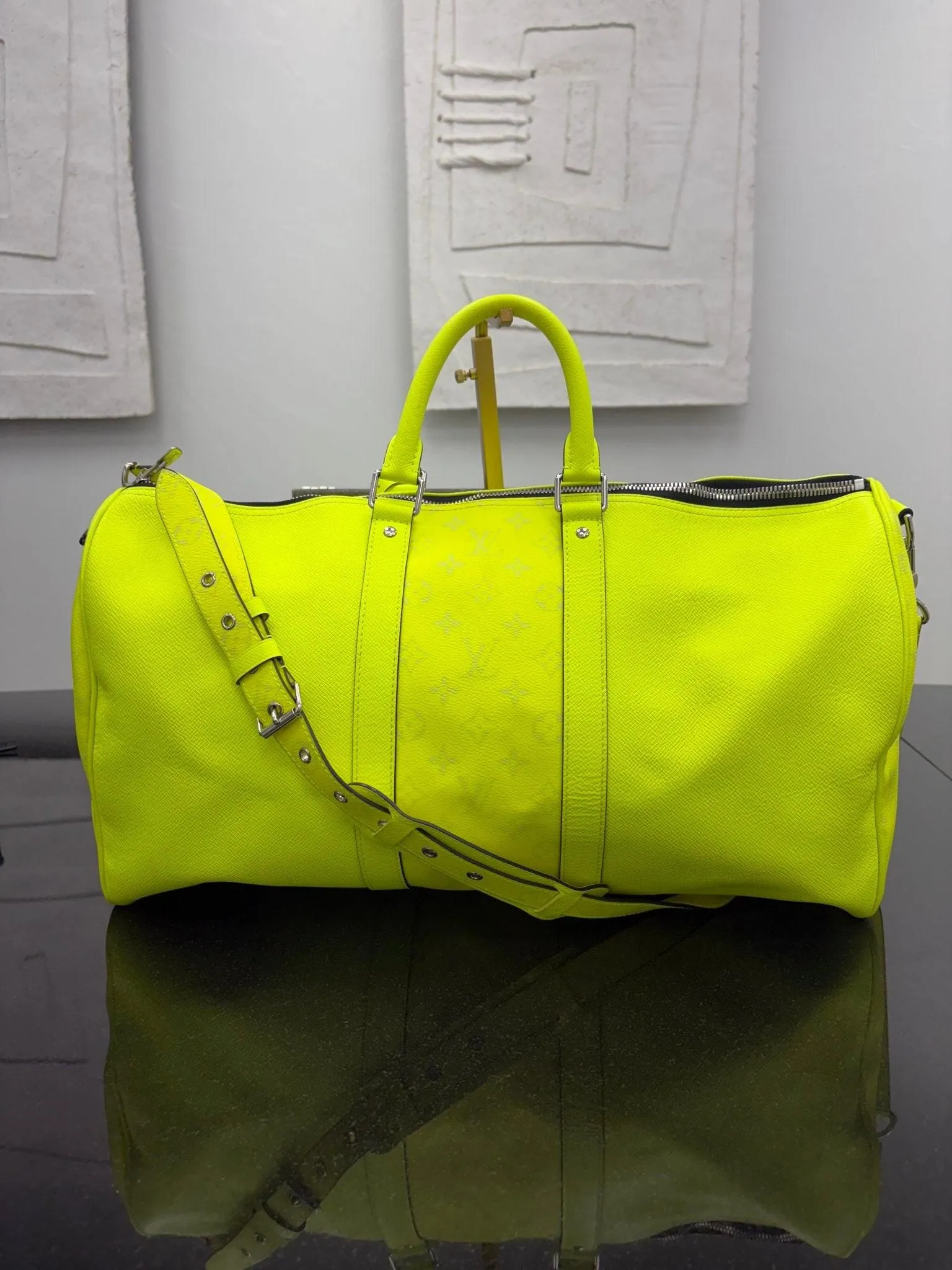 Louis Vuitton Neon Yellow Leather Taigarama Keepall Bandouliére 50