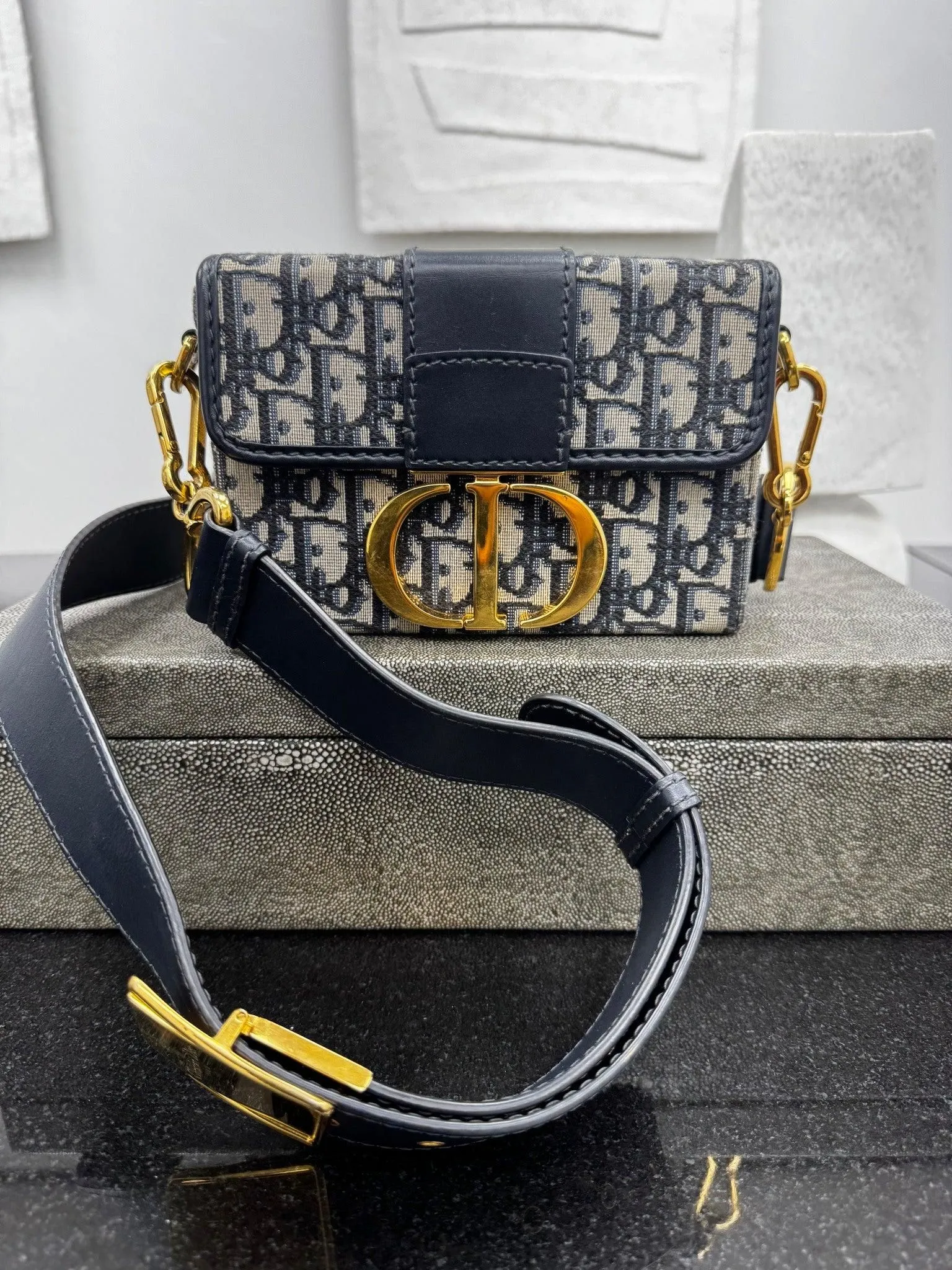 Christian Dior Navy Oblique Jacquard 30 Montaigne Box Crossbody Bag