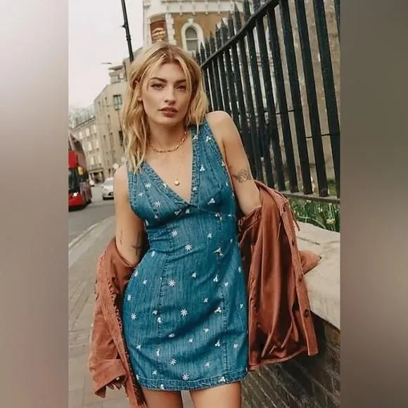 Free People Corrine Floral Embroidered Mini Denim Dress Criss Cross Back  NWOT Sm  Whatnot: Shop, Sell, Connect