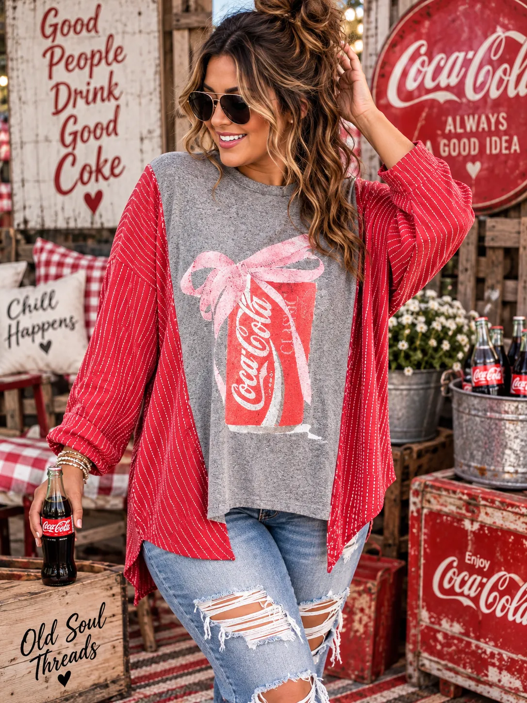 #47 Coca-Cola Bow Graphic Upcycled Cotton Sleeve Tee – XL