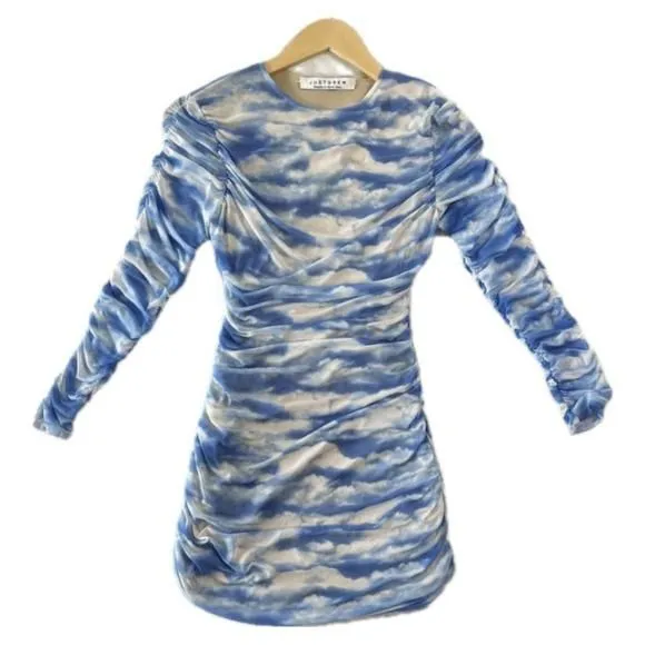 Product image for Just Drew Women's XS - S Fitted Cloud Mini Dress Long Sleeve Blue Bodycon