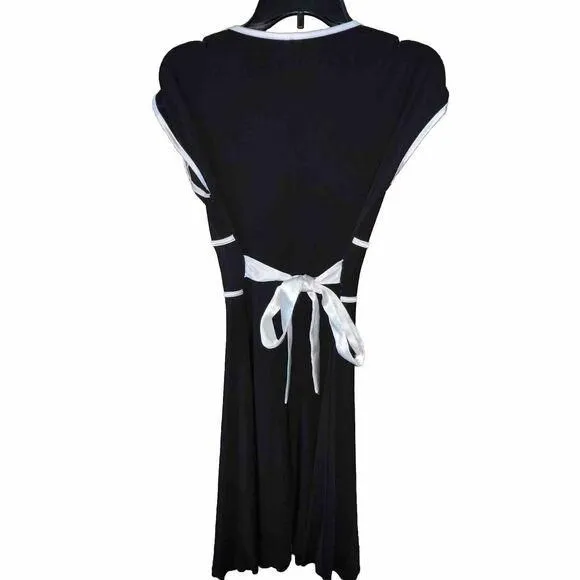 90s Y2K Taboo Black Mini Dress White Satin Piping & Waist Tie Medium1