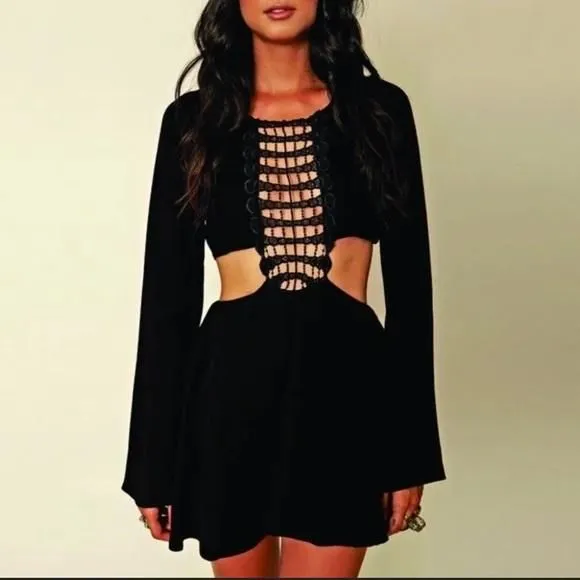 Product image for for love and lemons moonlight dress size small black cut out crochet mini boho
