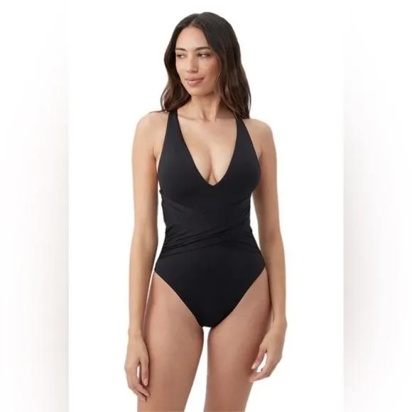 Product image for Trina Turk Monaco Wrap Plunge One Piece Suit 4 New Black