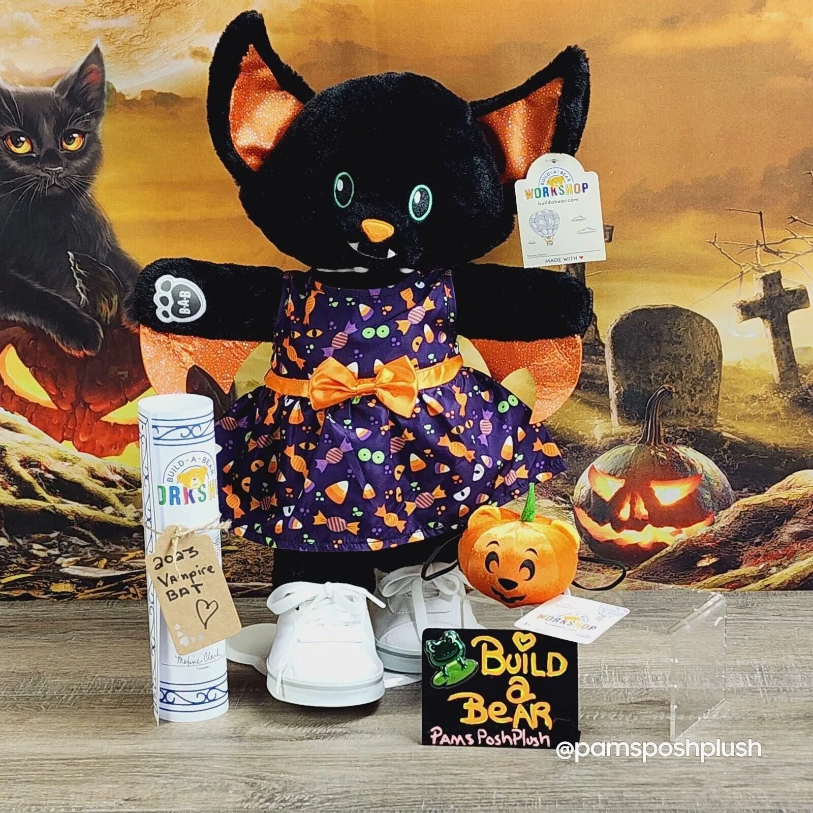 Product image for Build A Bear Vampire Bat Plush Halloween 2023 Dress Clothes w Pumpkin Wristie