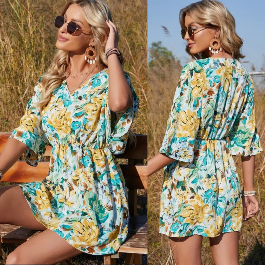 Product image for SHEIN Dolman Sleeve Floral Print Mini Swing Dress Large Spring Tropical Yellow