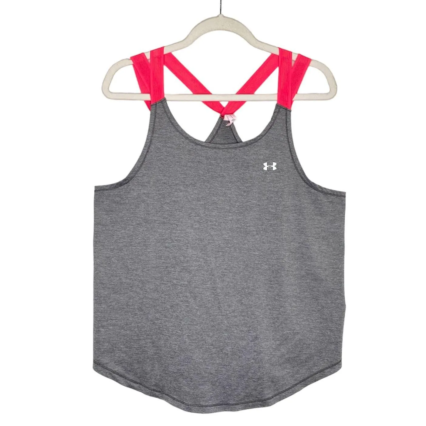 Product image for Under Armour Heat Gear Tank Top Large Gray Sleeveless Workout Racerback Gym Pink