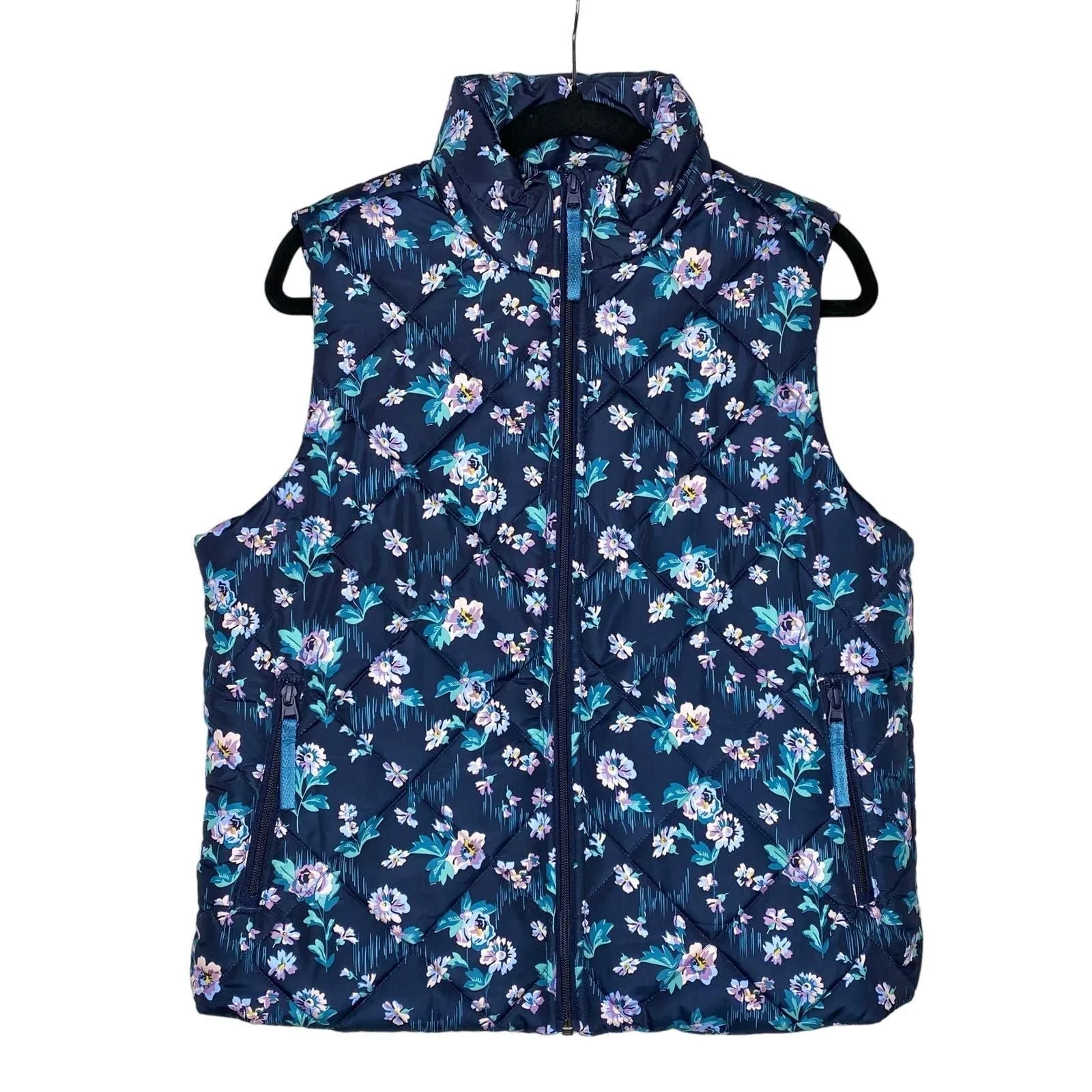 Product image for Vera Bradley Fleece Lined Floral Quilted Puffer Vest Navy Garden Medium Blue