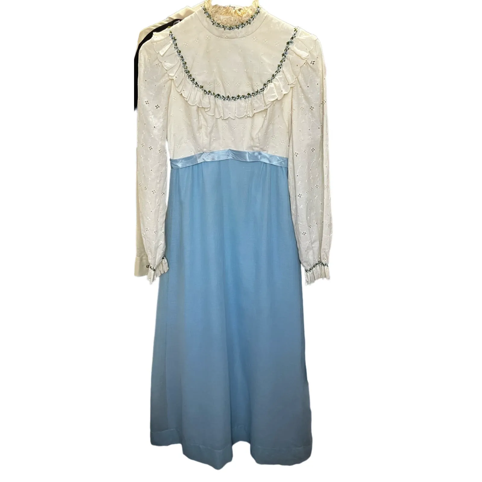 Product image for Vintage 60s Handmade Prairie Regency White Blue Crochet Maxi Dress XS Small Cult