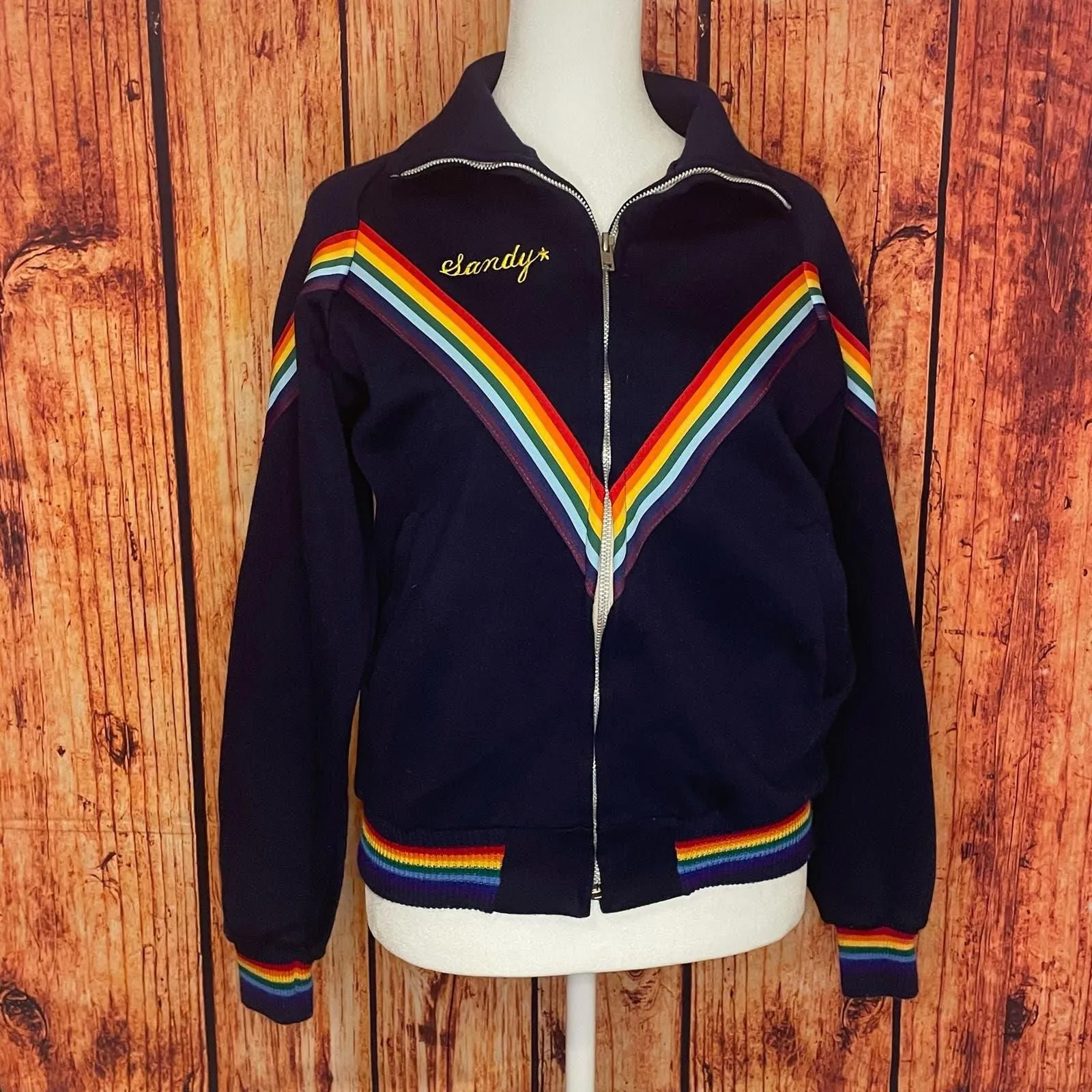 Product image for Vintage Handmade "Sandy" varsity sweater size Small/Medium navy rainbow unique 