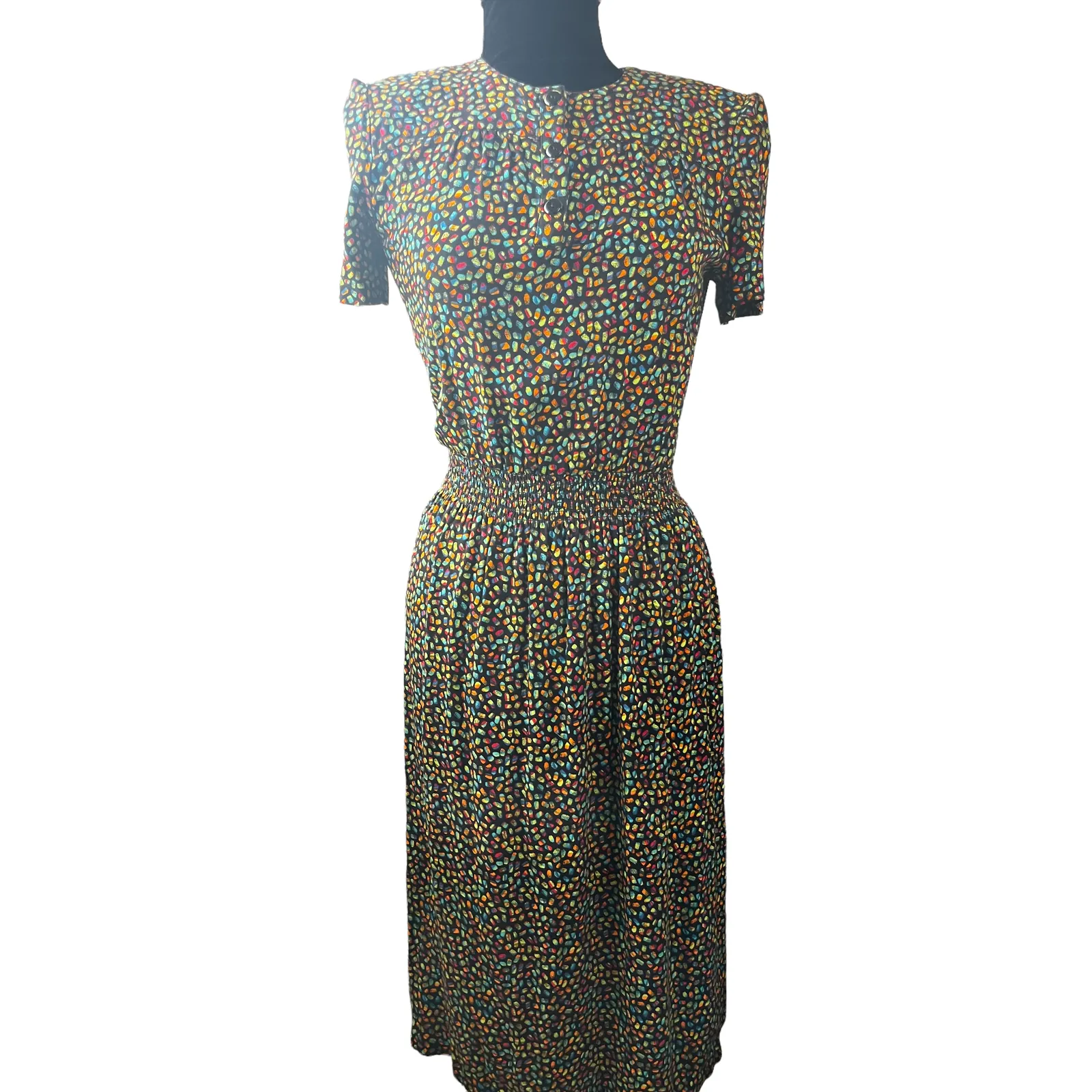 Product image for Vintage 70s Virgo Black Rainbow Multicolored Polka Dot Geo Dress Small Medium 8
