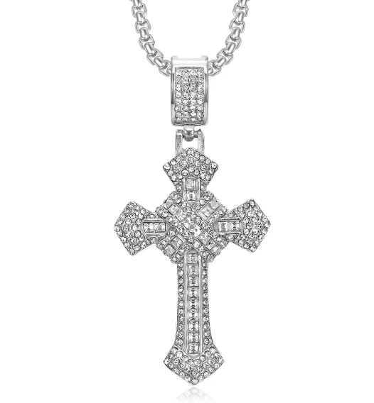1089 Iced Cross Pendant – Stainless Steel, Rhinestones – Silver