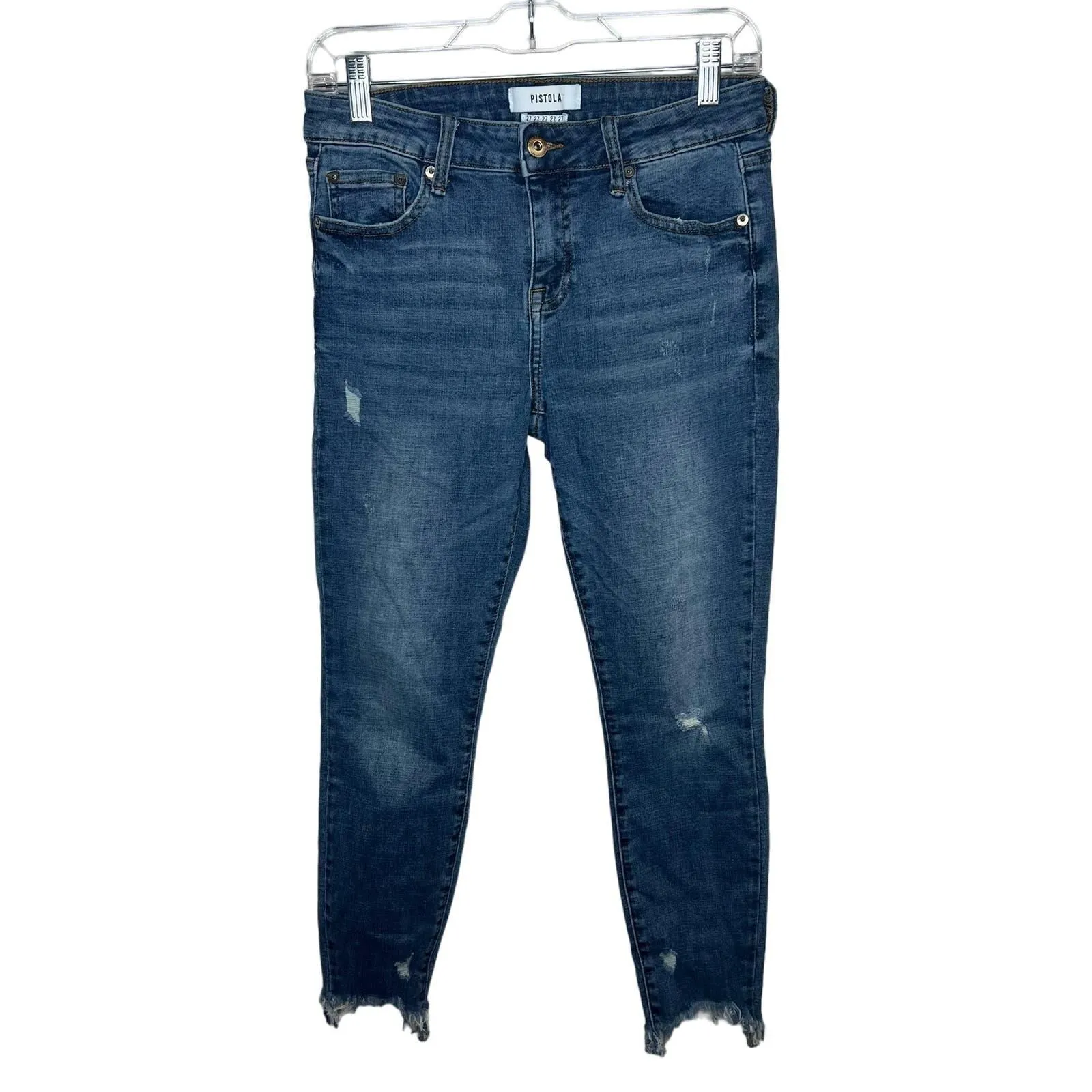 Product image for PISTOLA Denim Distressed Raw Hem Ankle Skinny Jeans Medium Wash Size 27