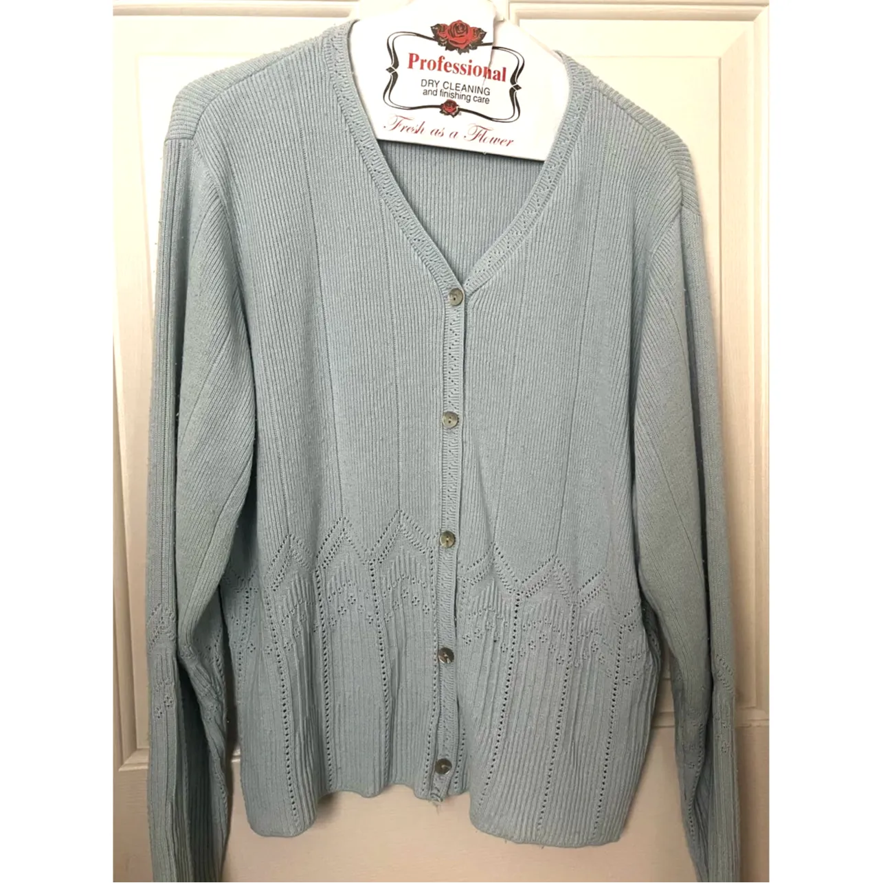 Product image for Vintage 90s Victoria Jones Light Blue Cardigan Sweater Crochet Cottage Med Large