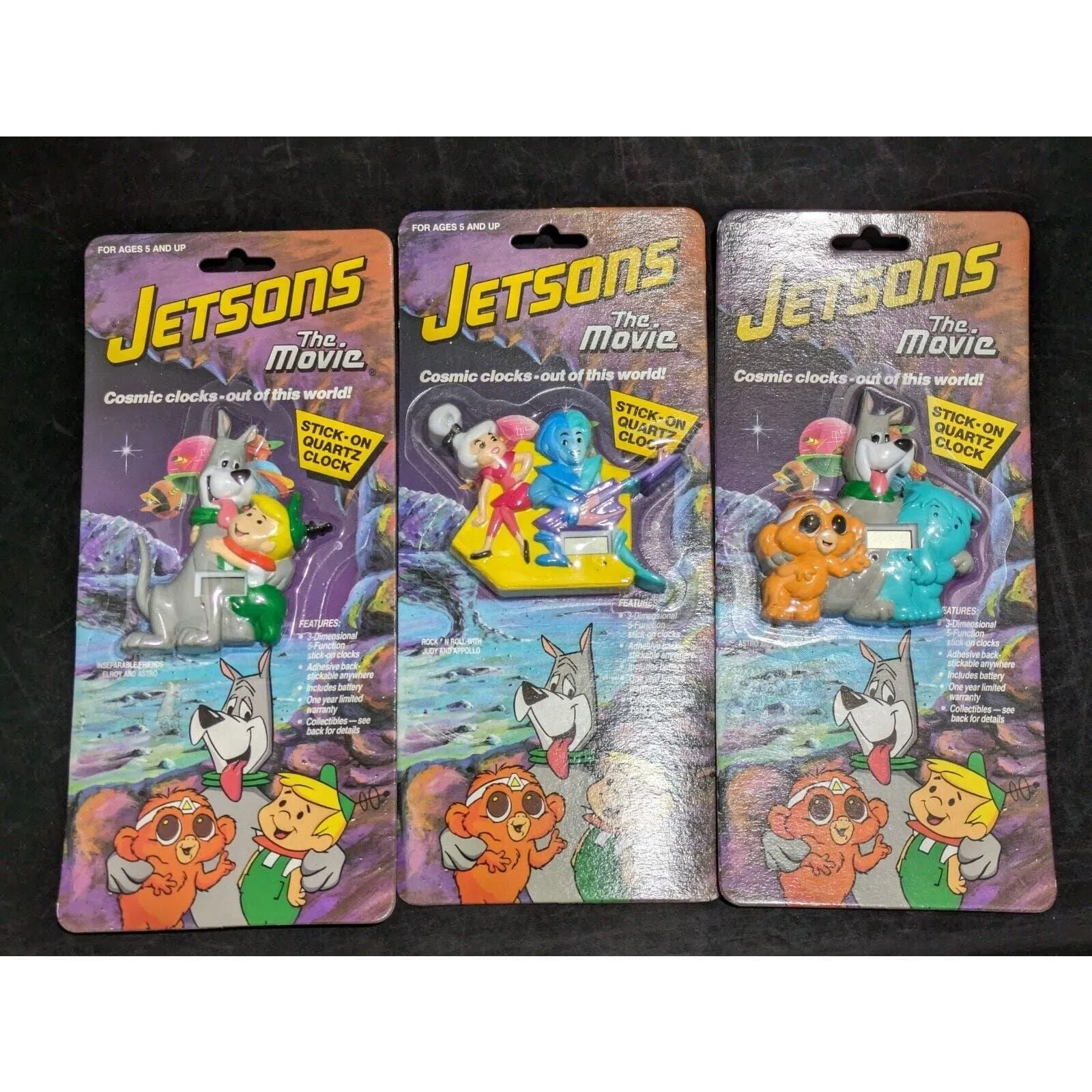 Product image for 1990 Jetsons The Movie Stick On Quartz Clock Lot Of 3 Astro Judy Elroy NIP