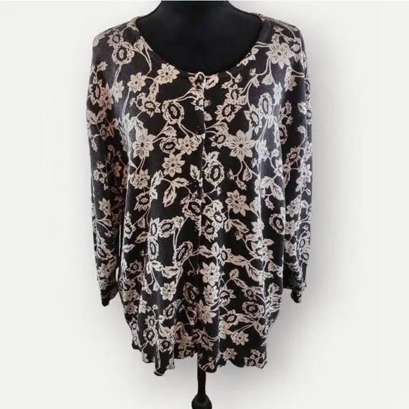 Product image for Bay Studio Women Cardigan Sweater Floral Cotton Black Ecru Lightweight