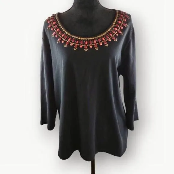 Product image for Ruby Rd. Women Top Blouse Beaded Cotton Spandex Black Gold