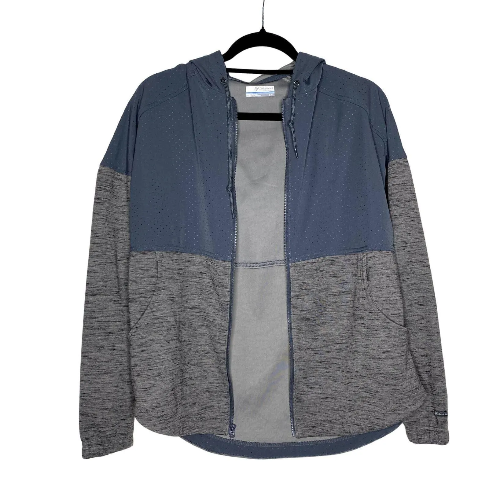 Product image for Columbia Colorblock Full Zip Athletic Perforated Hoodie Jacket Blue Gray Small