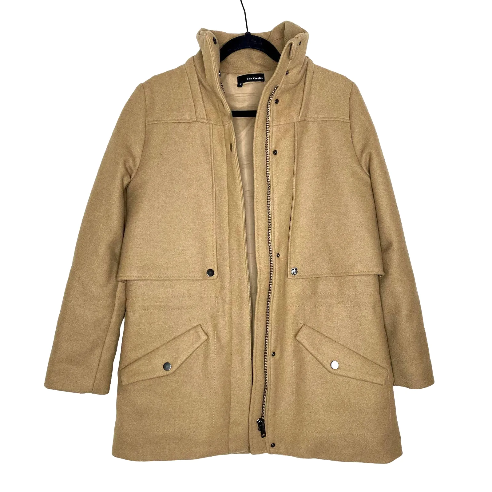 Product image for The Kooples Full Zip Mockneck Snap Front Wool Utility Pea Coat Small Women's Tan