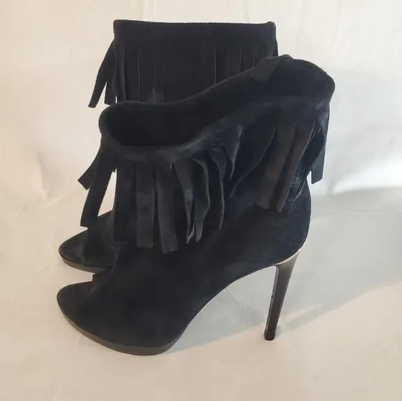 Product image for Burberry fringe suede peep-toe booties ankle boot size 36.5 US 6.5