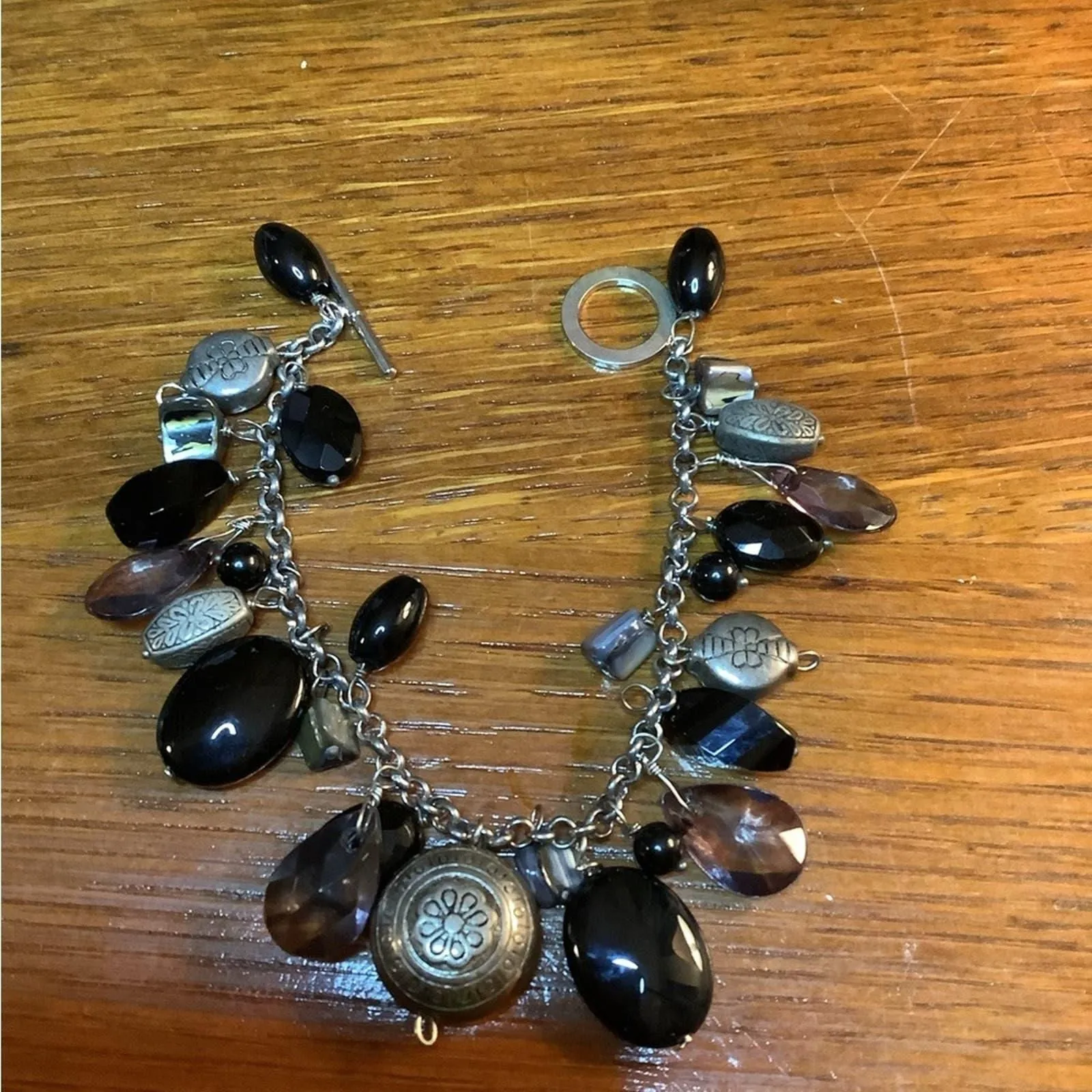 Product image for Vintage Silver Tone & Onyx Charm Bracelet 7”