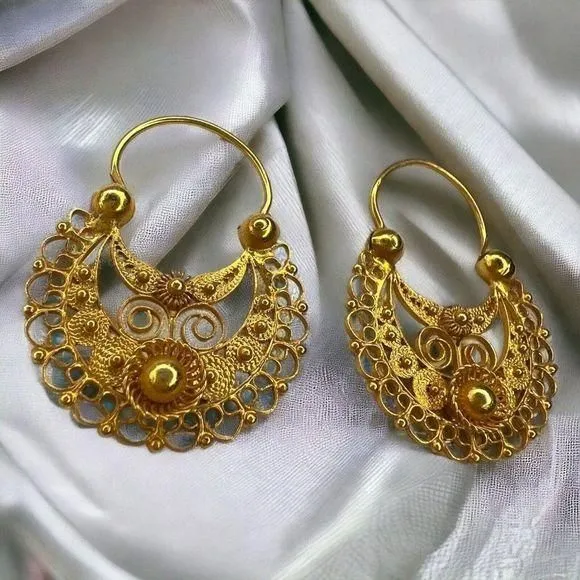 Product image for Antique 10k Gold Hoop Earrings Filigree Creole Gypsy French Wire Victorian 4.6g
