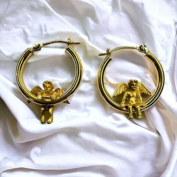 Product image for 14k Gold Cherub Hoop Earrings 21mm Hoops Baby Angel Guardian Angel Hanging 2g