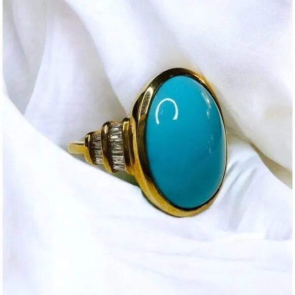 Product image for 10k Gold Sleeping Beauty Turquoise & Diamond Ring Sz 7 LARGE Cabochon Ring 5.7g